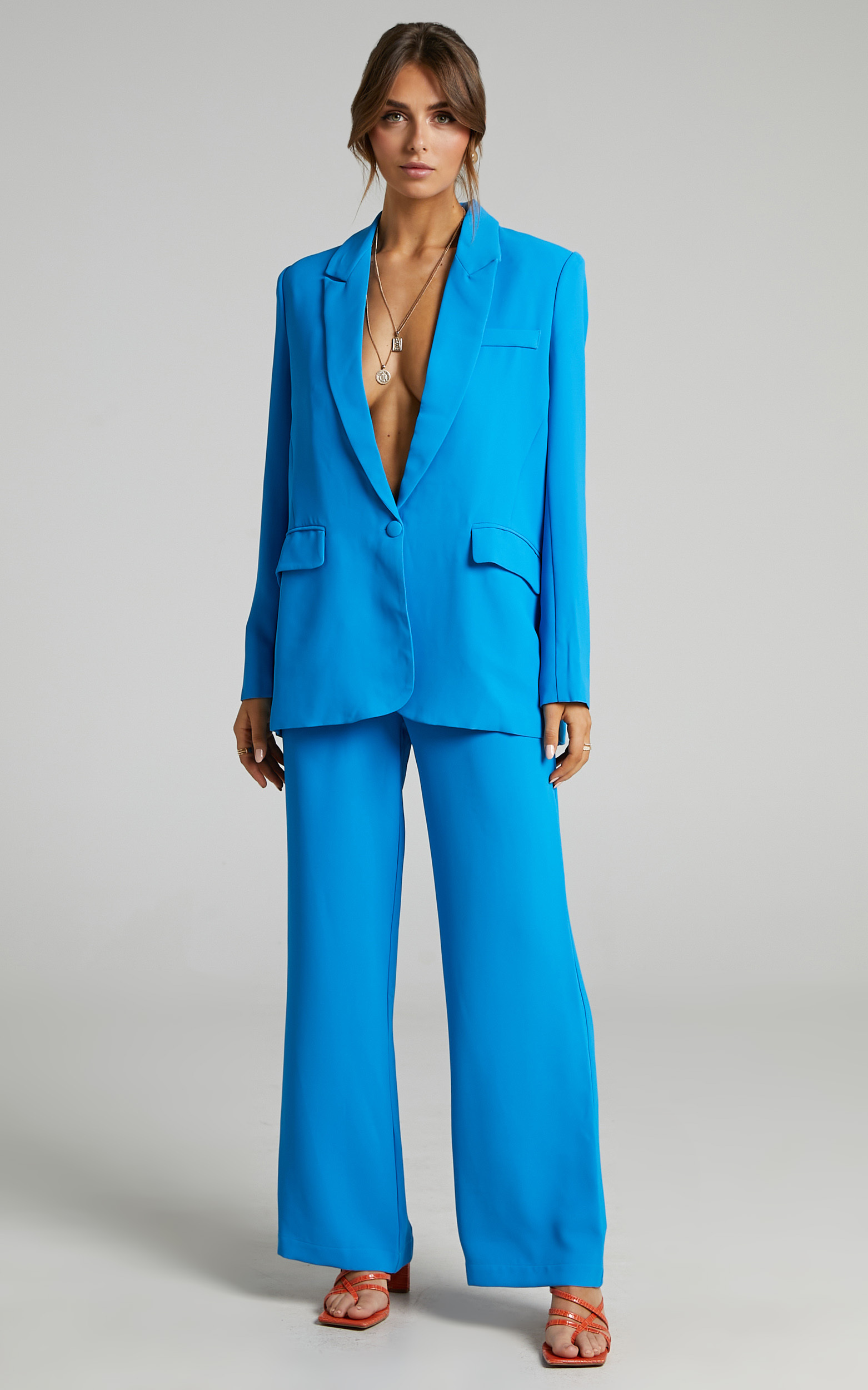 Michelle Oversized Plunge Neck Button Up Blazer in Blue | Showpo