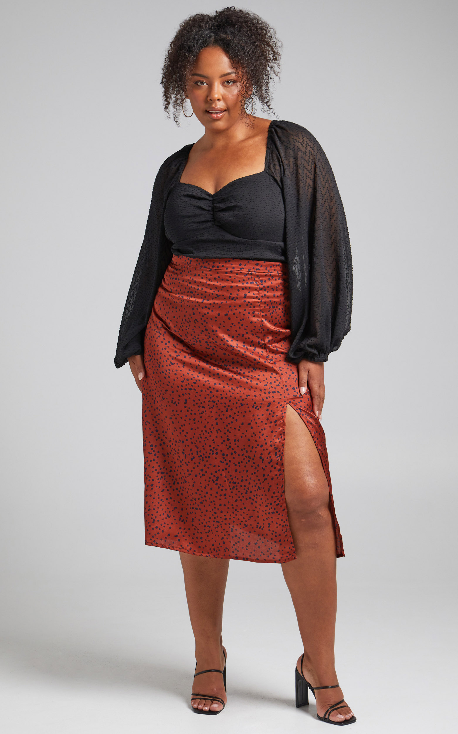Eulo Printed Slip Skirt With Leg Slit in Copper Spot - 04, GLD1, hi-res image number null
