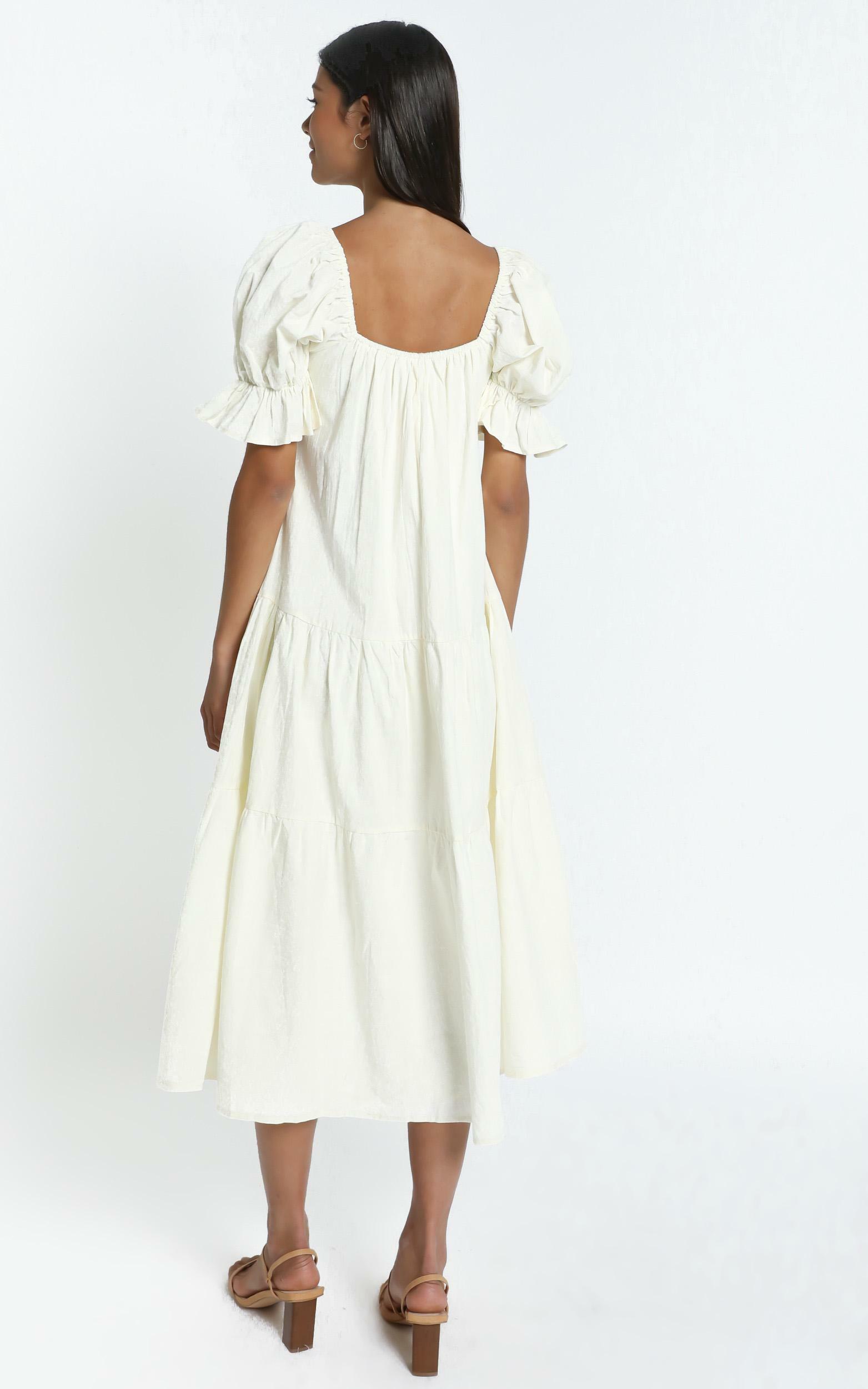 Zaharrah Tiered Midi Dress in Cream Linen Look | Showpo