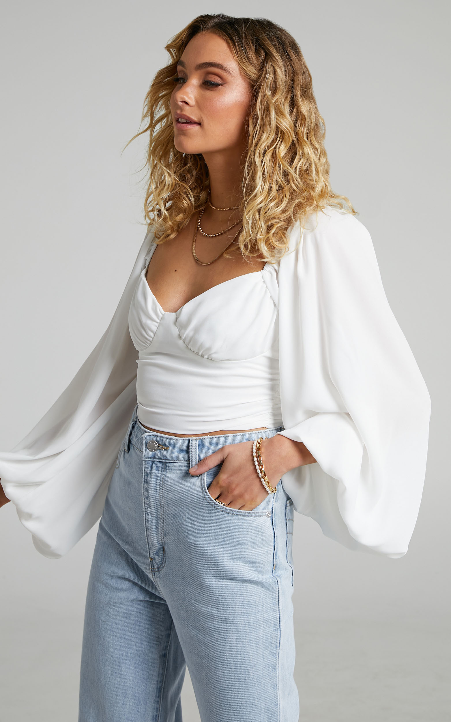 Follan Long Sleeve Shirred Back Bustier Crop Top in White - 04, WHT1, hi-res image number null