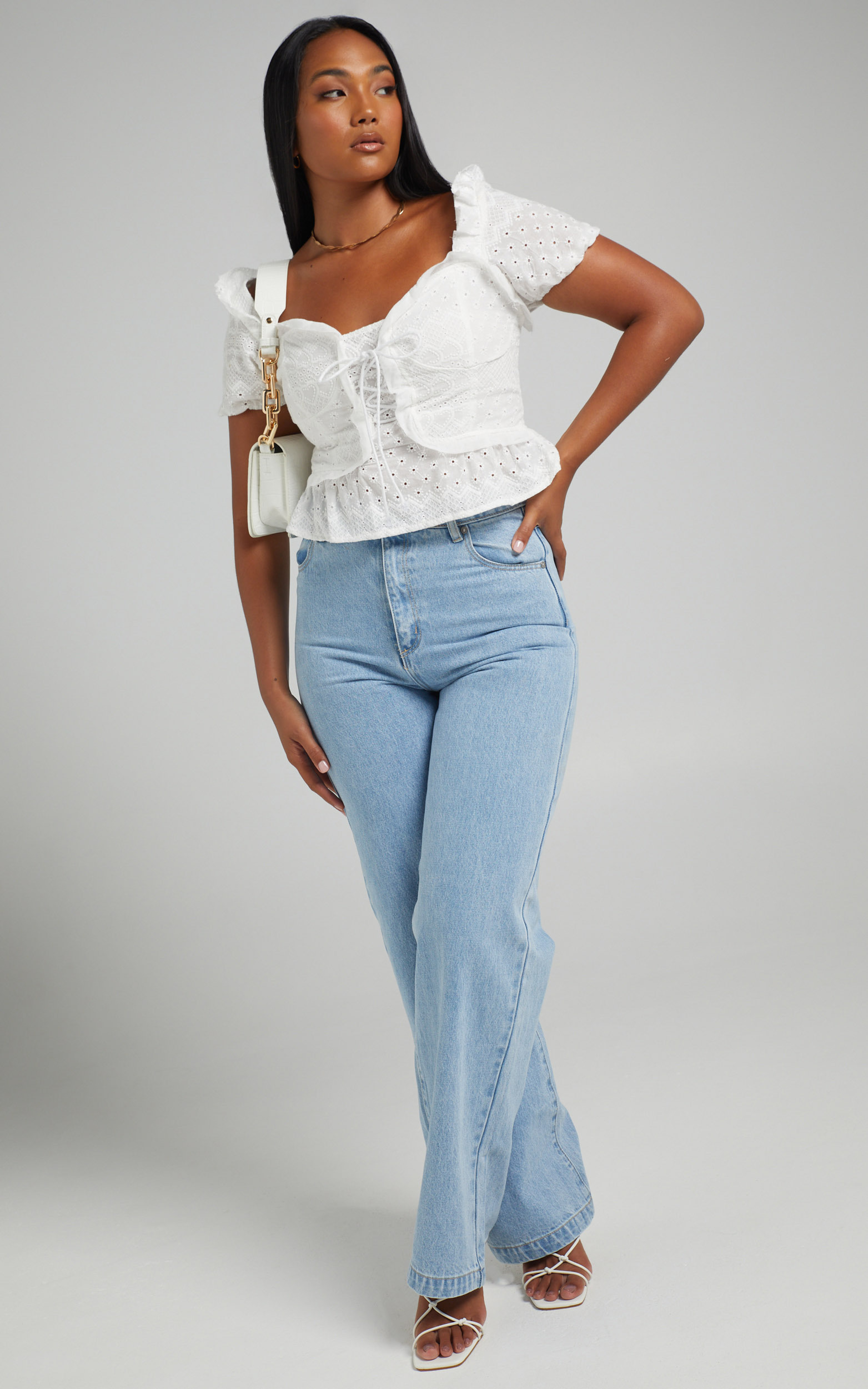 Kailee Tie Front Puff Sleeve Top in White - 06, WHT1, hi-res image number null