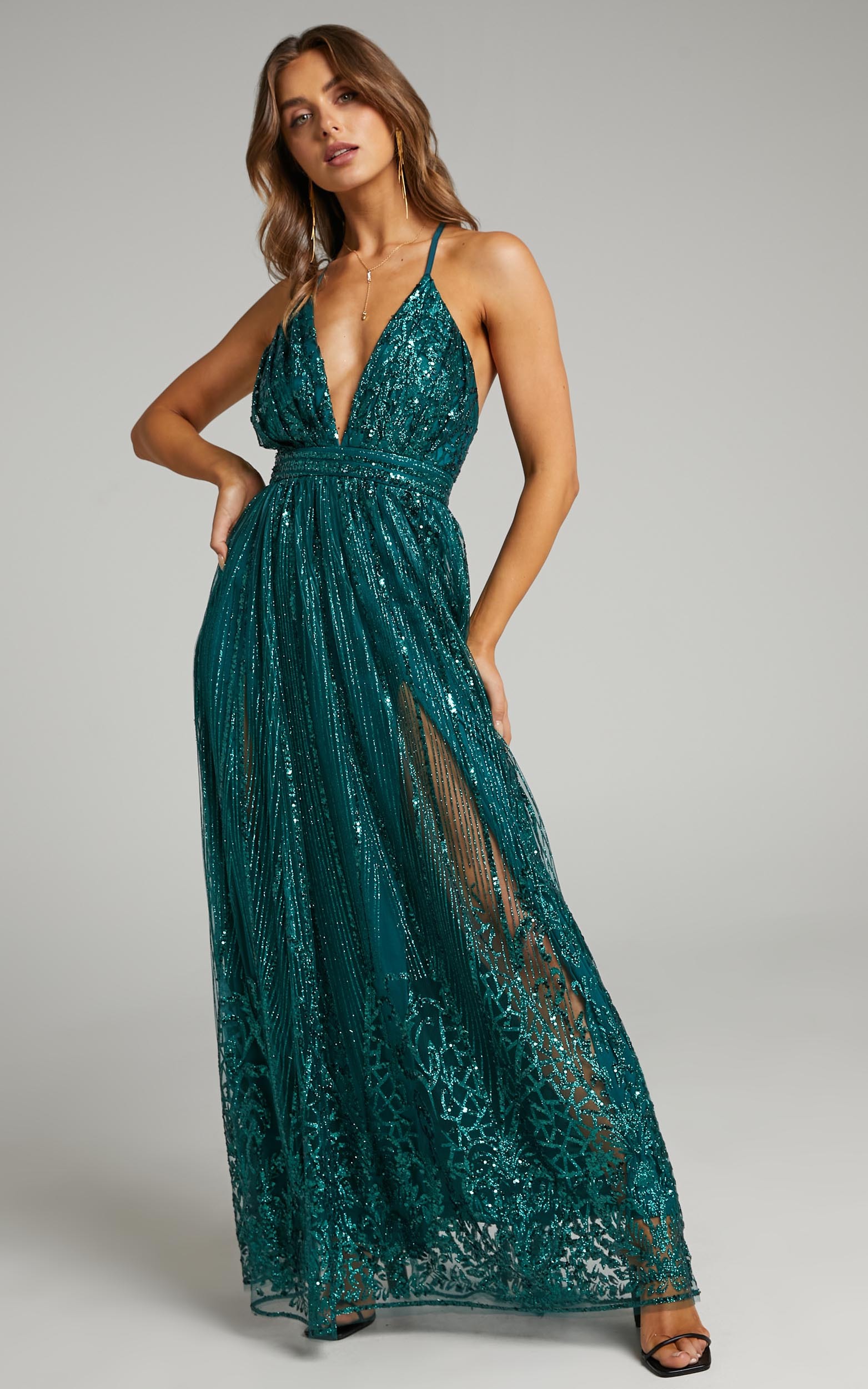 Paola Plunge Maxi Dress in Emerald - 04, GRN2, hi-res image number null