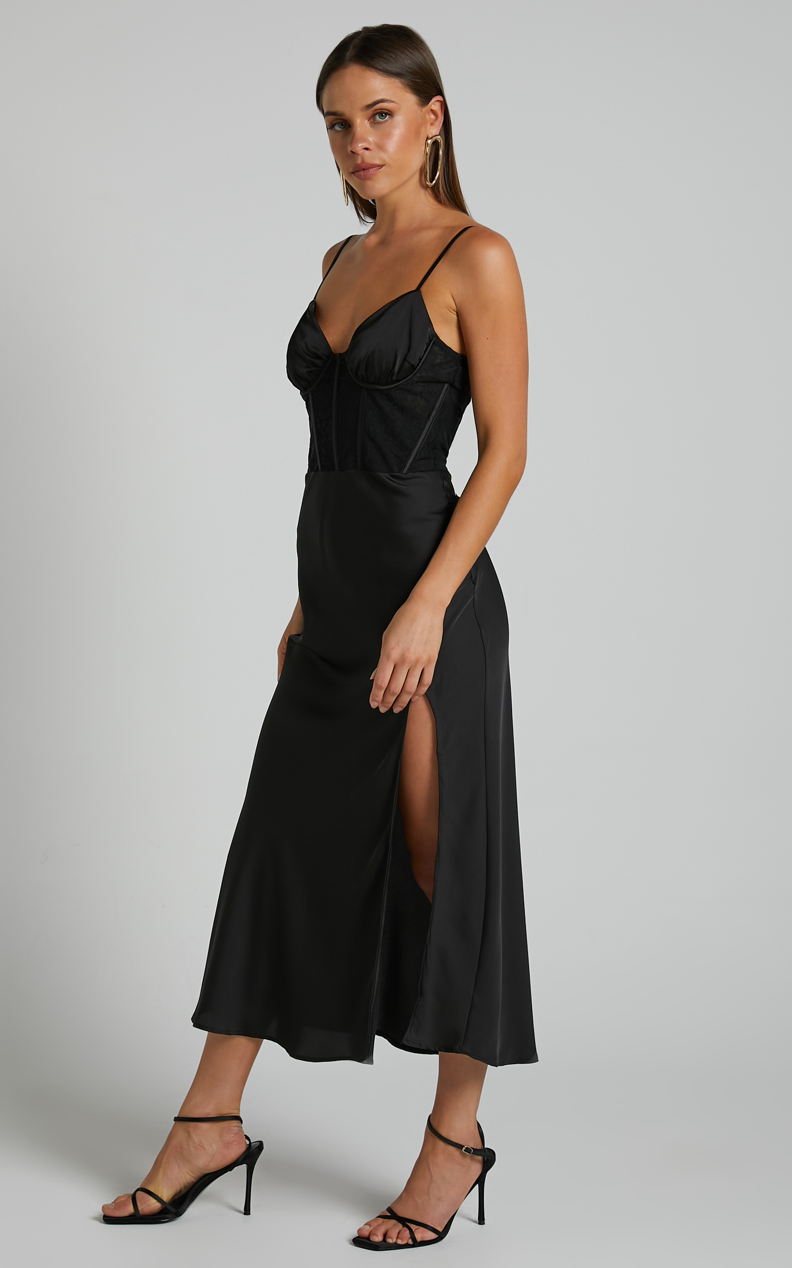Khallah Midi Dress - Lace Bustier Side Split Dress in Black | Showpo