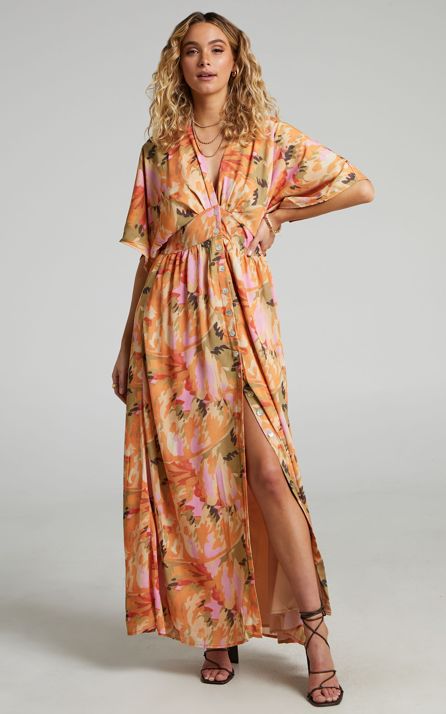 Heira Flutter Sleeve Button Down Maxi Dress in Palm Print - 06, MLT1, hi-res image number null