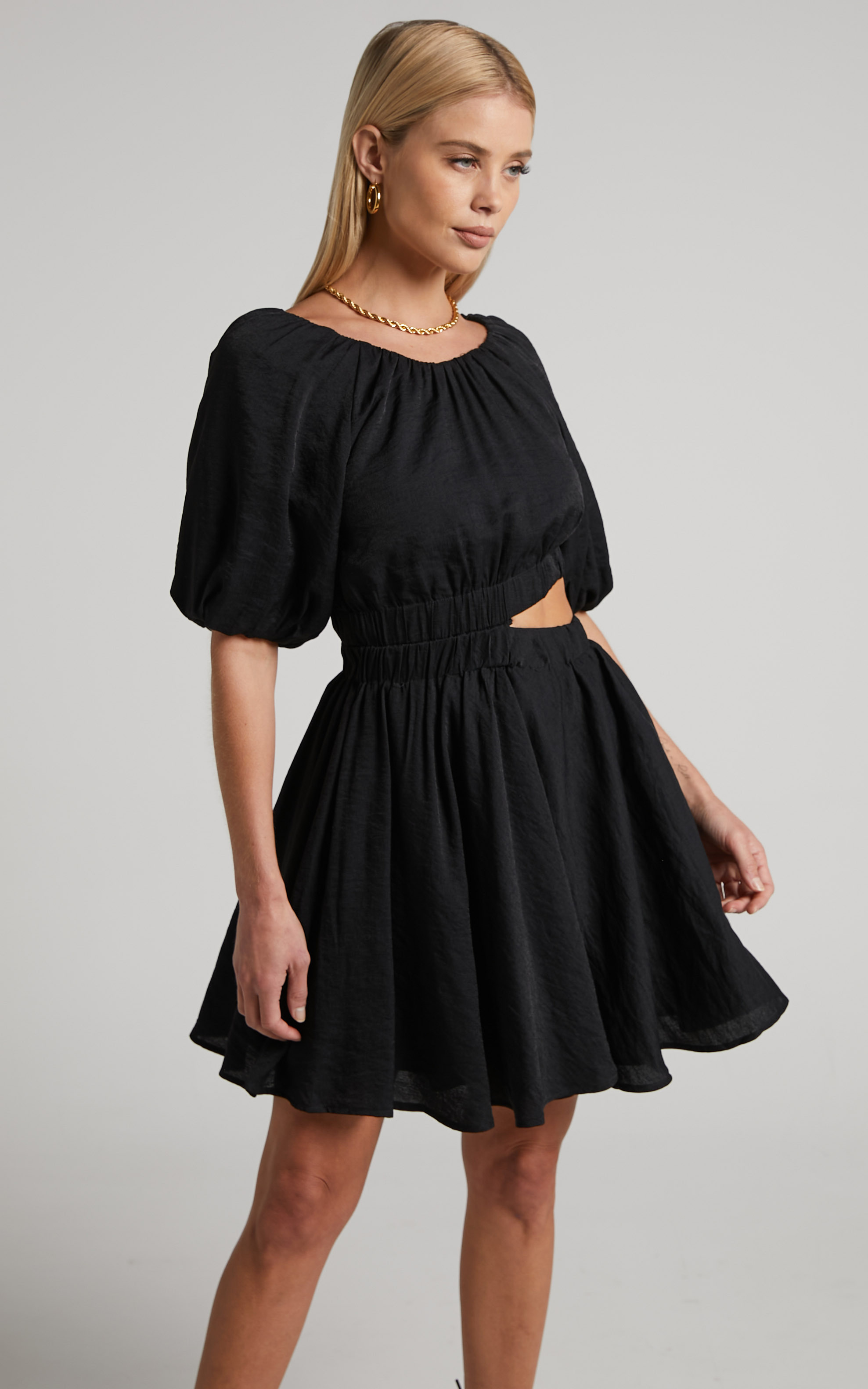 Hadley Puff Sleeve Cut Out Mini Dress in Black - 04, BLK1, hi-res image number null