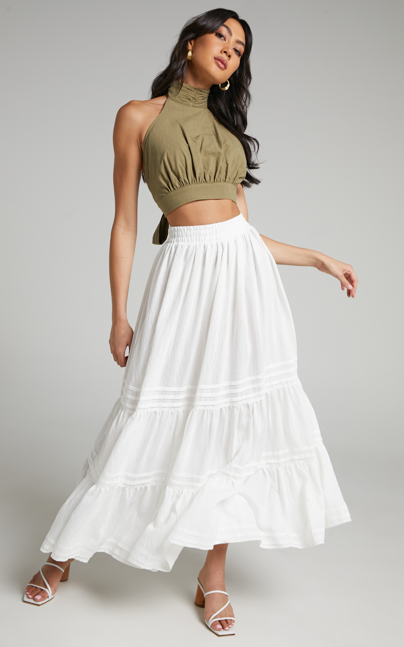 Angelita Pin Tuck Detail Tiered Maxi Skirt in White - 06, WHT1, hi-res image number null