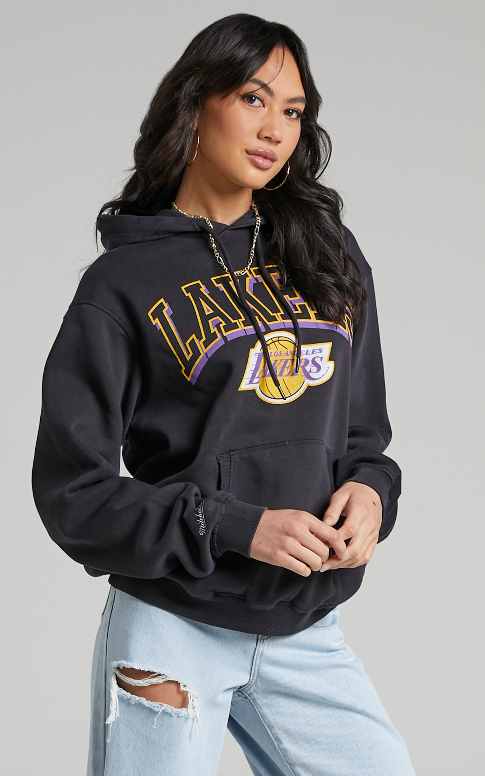 Mitchell & Ness - LA Lakers Vintage Keyline Logo Hoodie in Faded Raven - L, BLK1, hi-res image number null