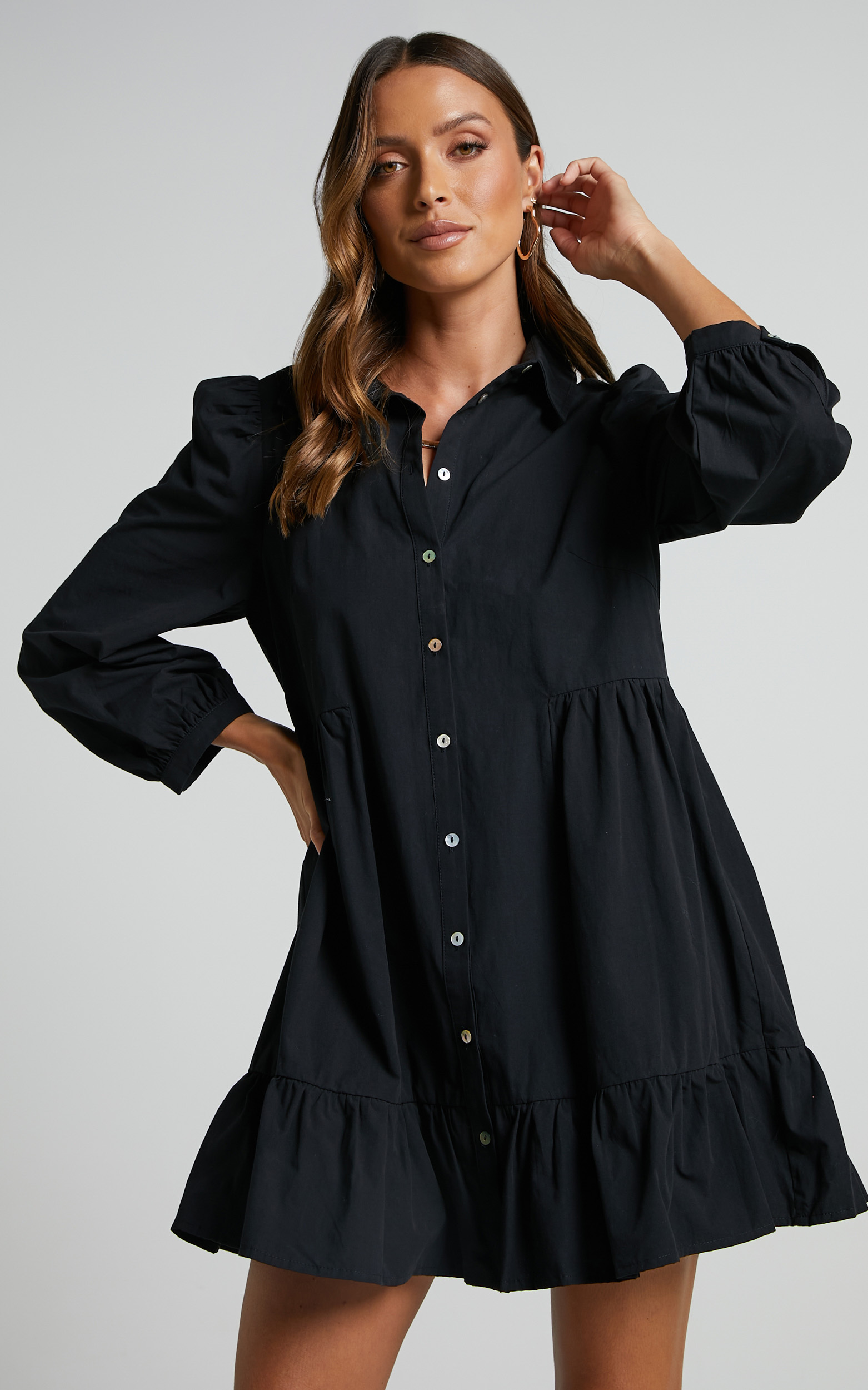 Maulee Frill Hem Mini Shirt Dress in Black - 04, BLK1, hi-res image number null