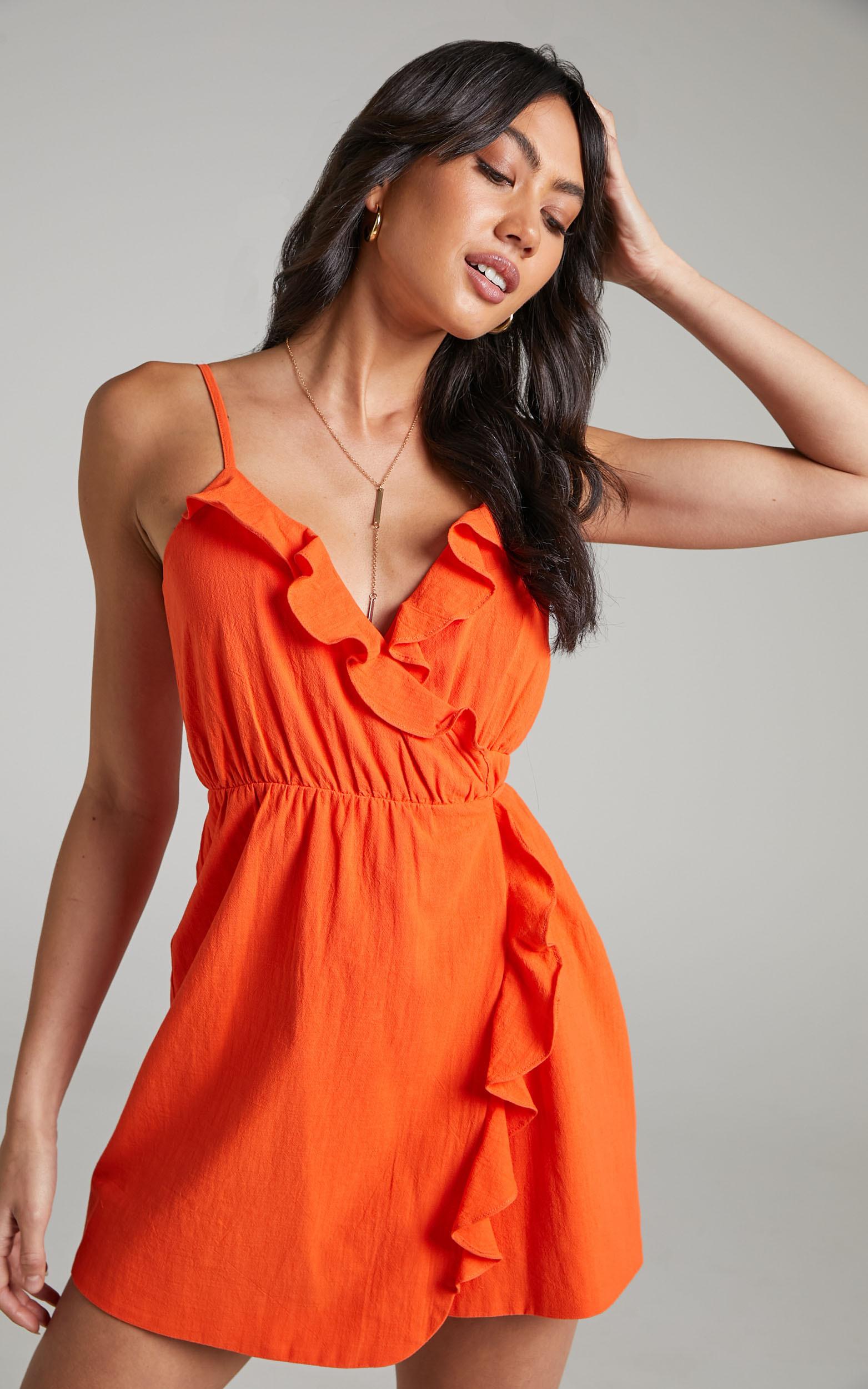 Aganda Strappy Frill Detail Wrap Mini Dress in Oxy Fire - 06, ORG1, hi-res image number null