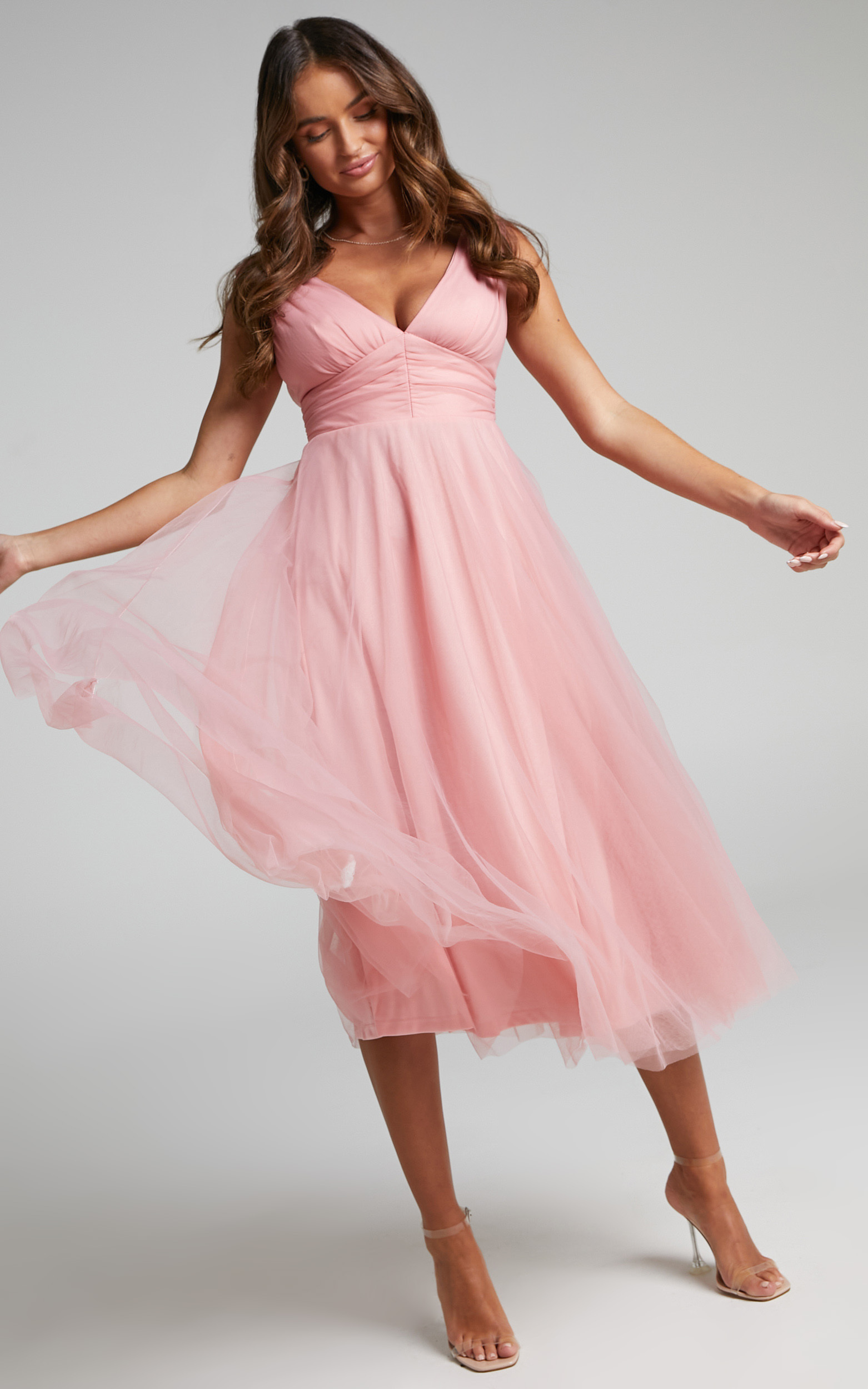 Agatha Sleeveless V-Neck Organza Midi Dress in Dusty Pink - 06, PNK1, hi-res image number null