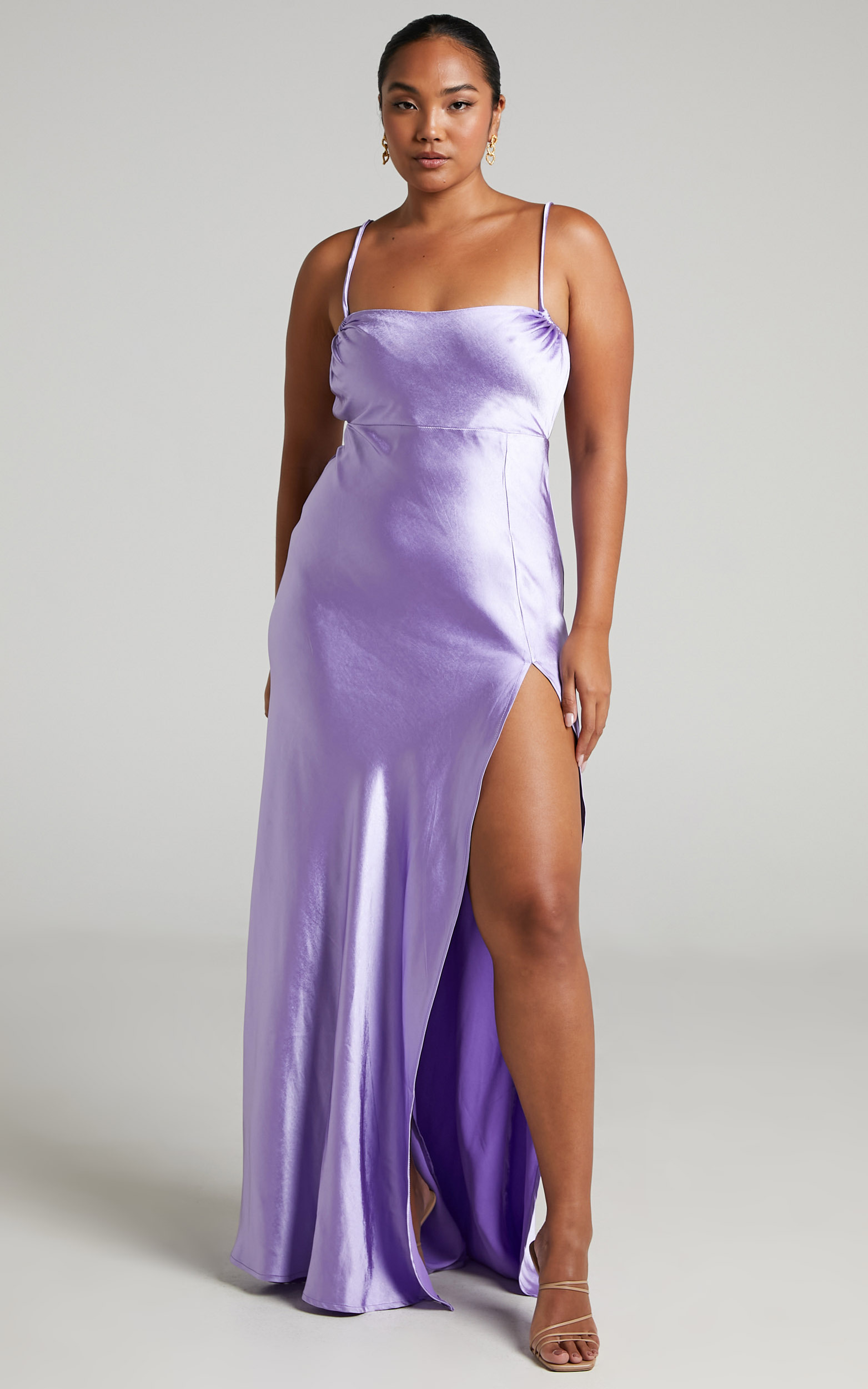 Chaila Gathered Open Back Maxi Dress in Satin in Lilac - 06, PRP2, hi-res image number null