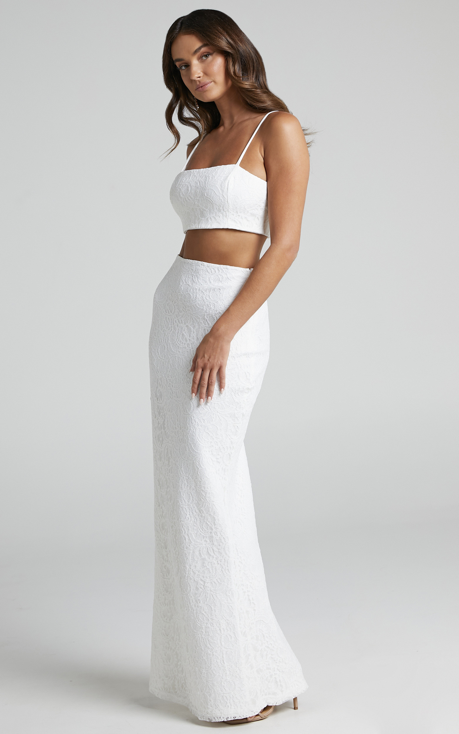 Xyra Lace Bodice and Mermaid Maxi Skirt Two Piece Set in White - 06, WHT1, hi-res image number null