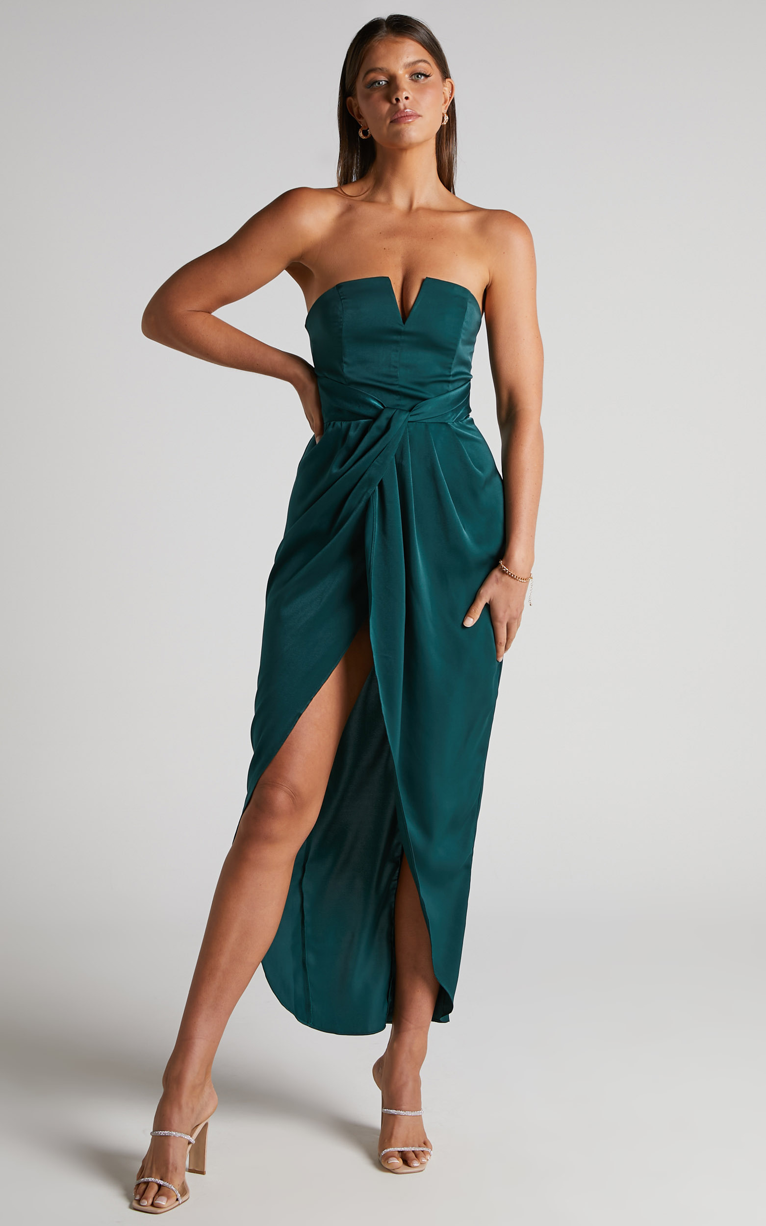 Rhyanna Maxi Dress - Twist Front Strapless Dress in Emerald - 06, GRN1, hi-res image number null