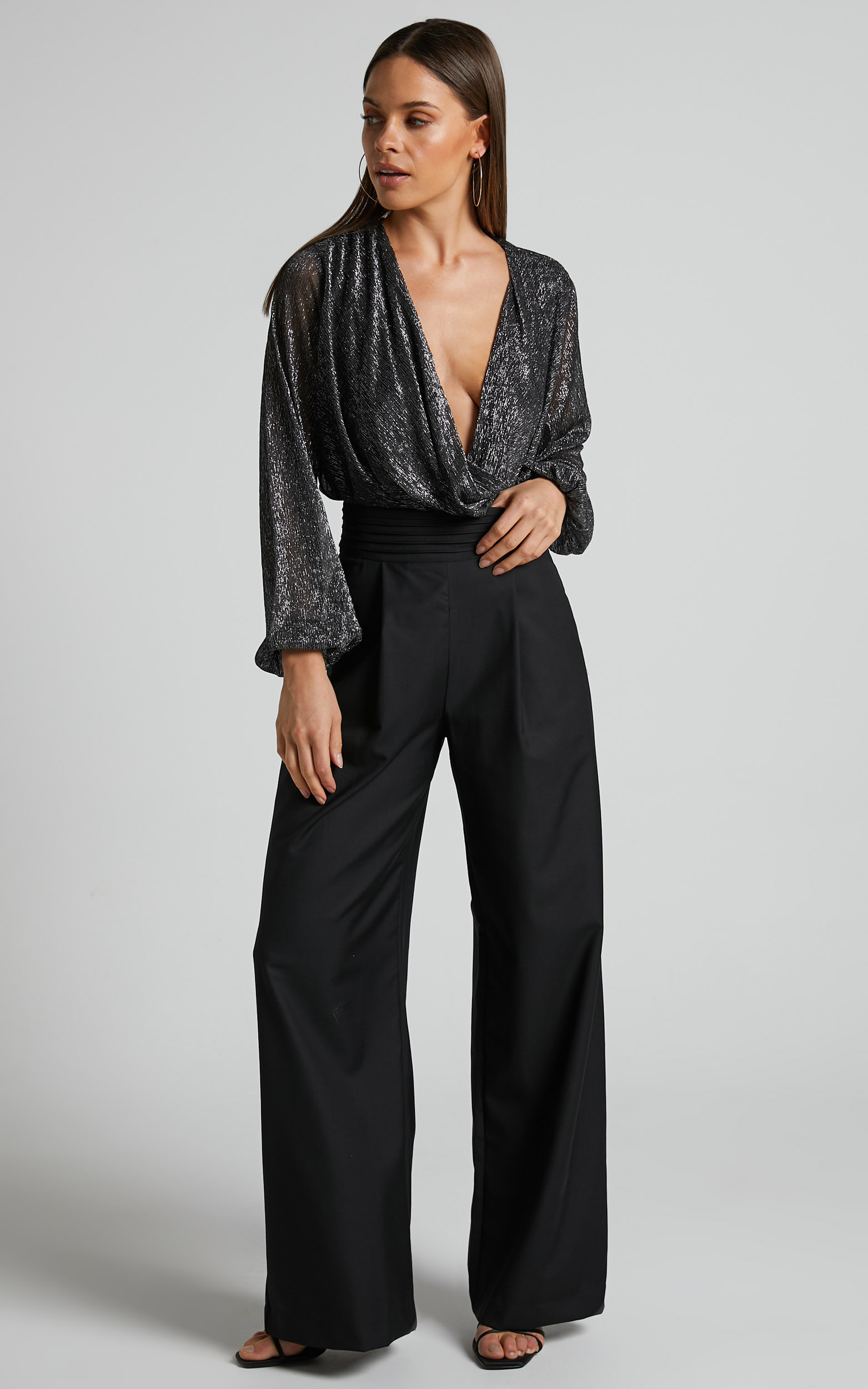 Hirna - High Waisted Pin Tuck Waist Detail Wide Leg Pants in Black - 04, BLK1, hi-res image number null