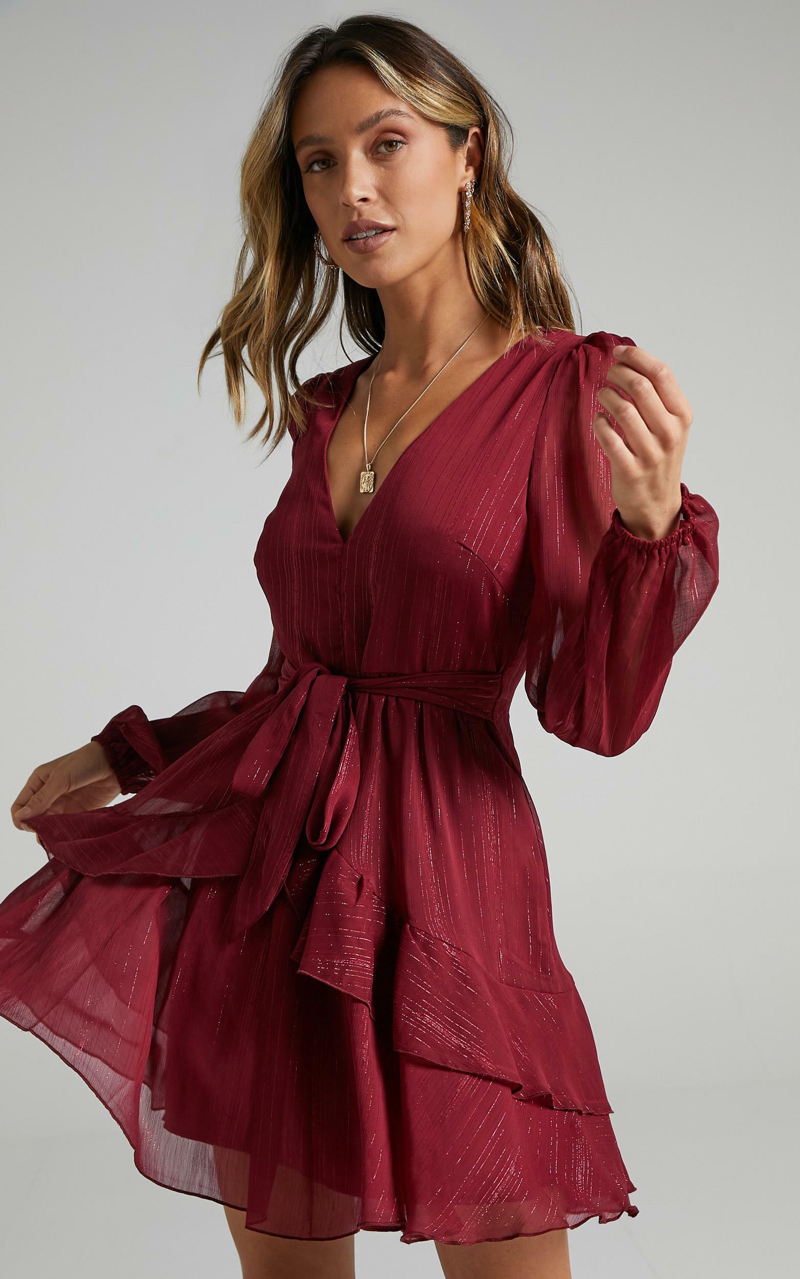 Eyes That Know Me Long Sleeve Ruffle Mini Dress in Wine - 20, WNE3, hi-res image number null