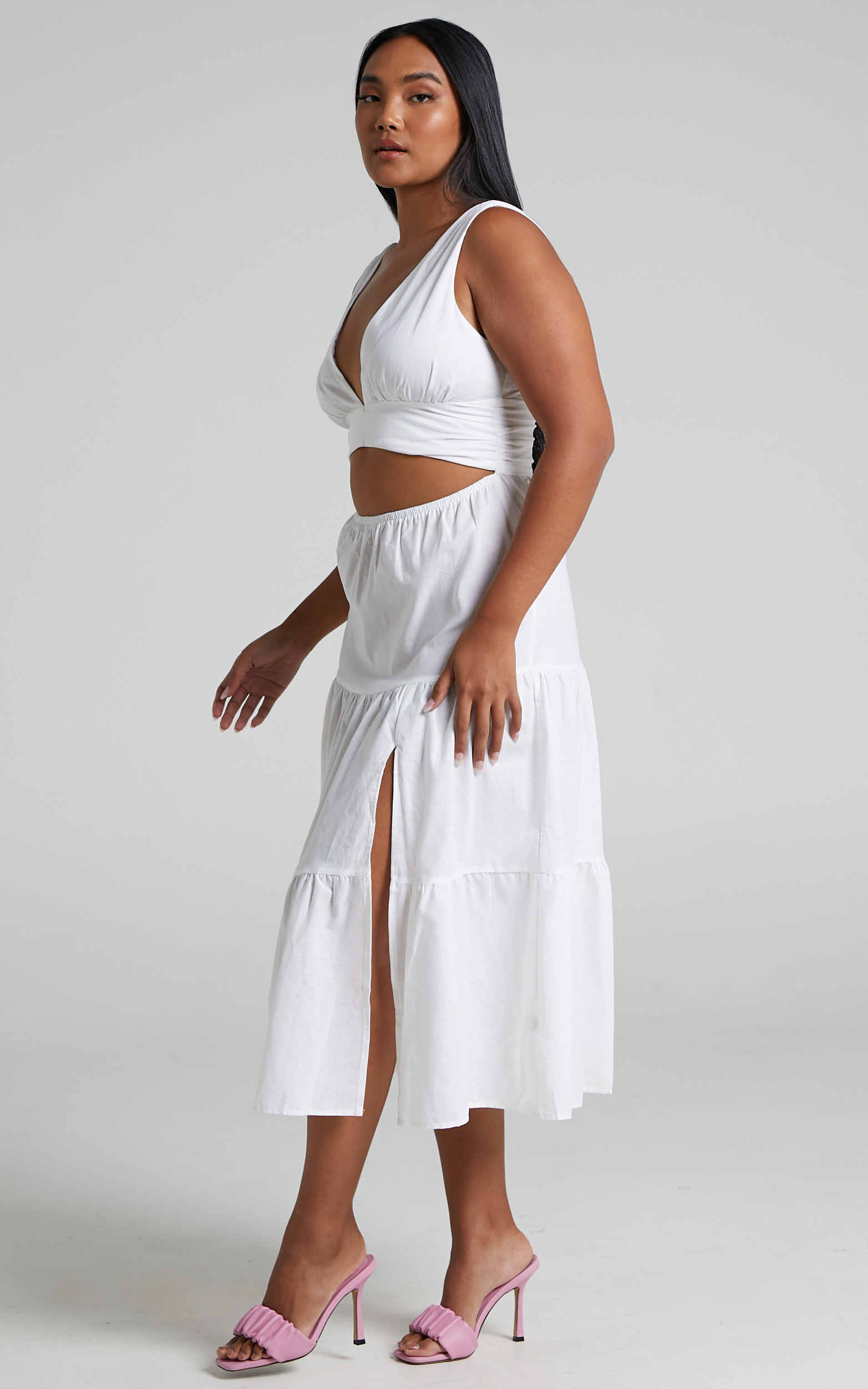 Spencer V Neck Cut Out Tiered Midi Dress in White - 04, WHT3, hi-res image number null