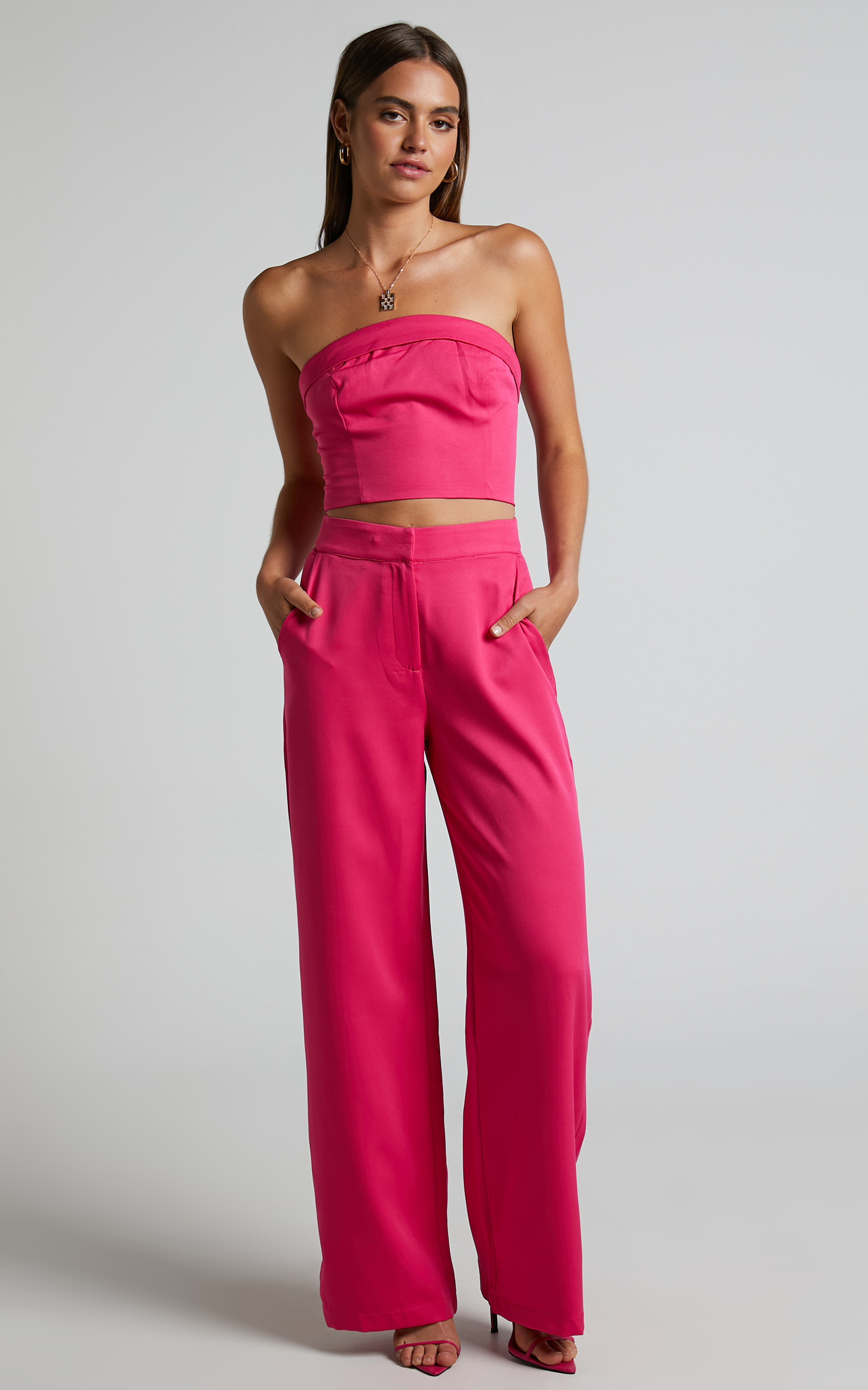 Silvia Two Piece Set - Foldover Top and Wide Leg Pant in Hot Pink - 04, PNK1, hi-res image number null