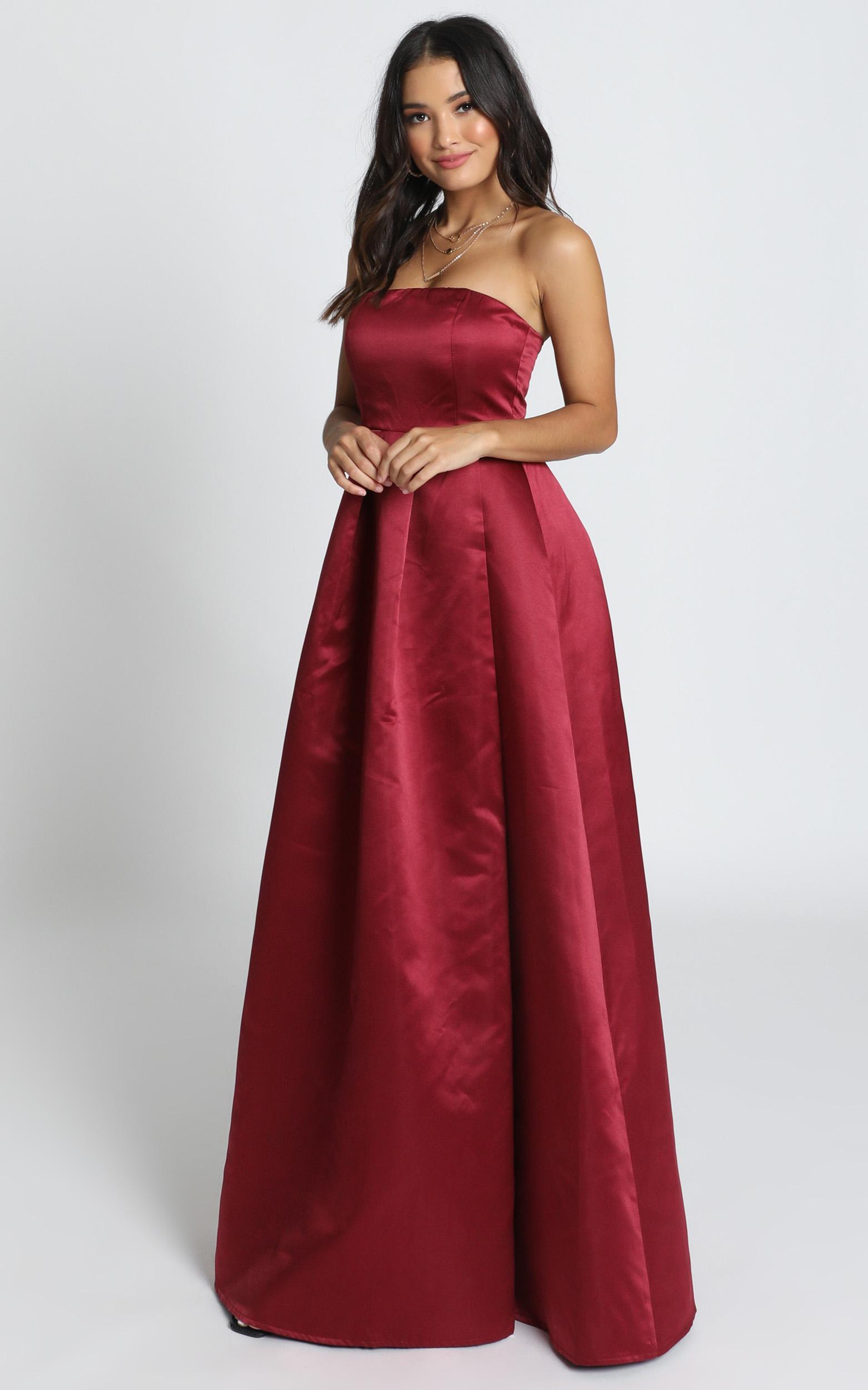Queen Of The Show Strapless Maxi Dress in Wine Satin - 18, WNE3, hi-res image number null