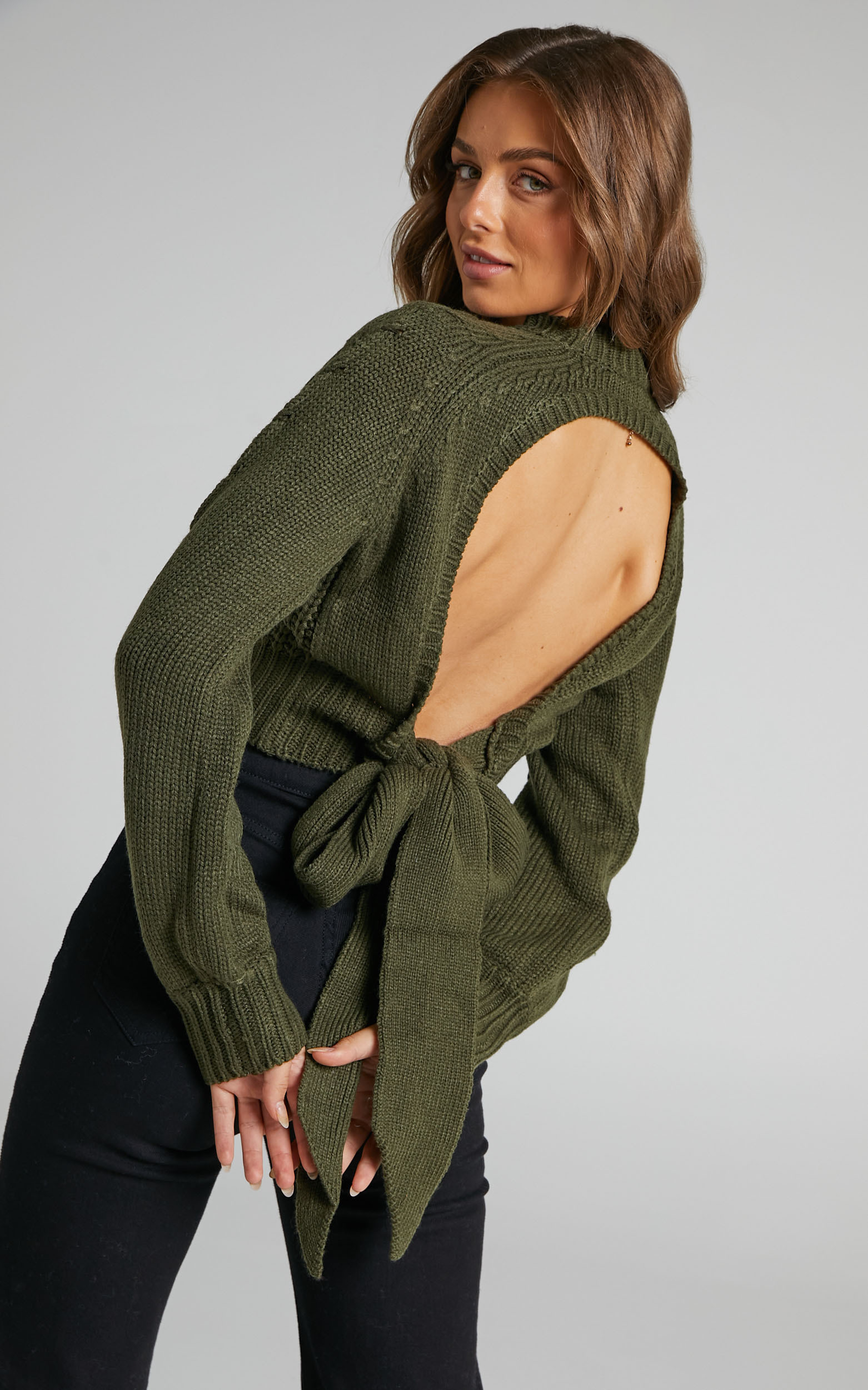 Maue long sleeve open back knit top in Khaki - 06, GRN1, hi-res image number null