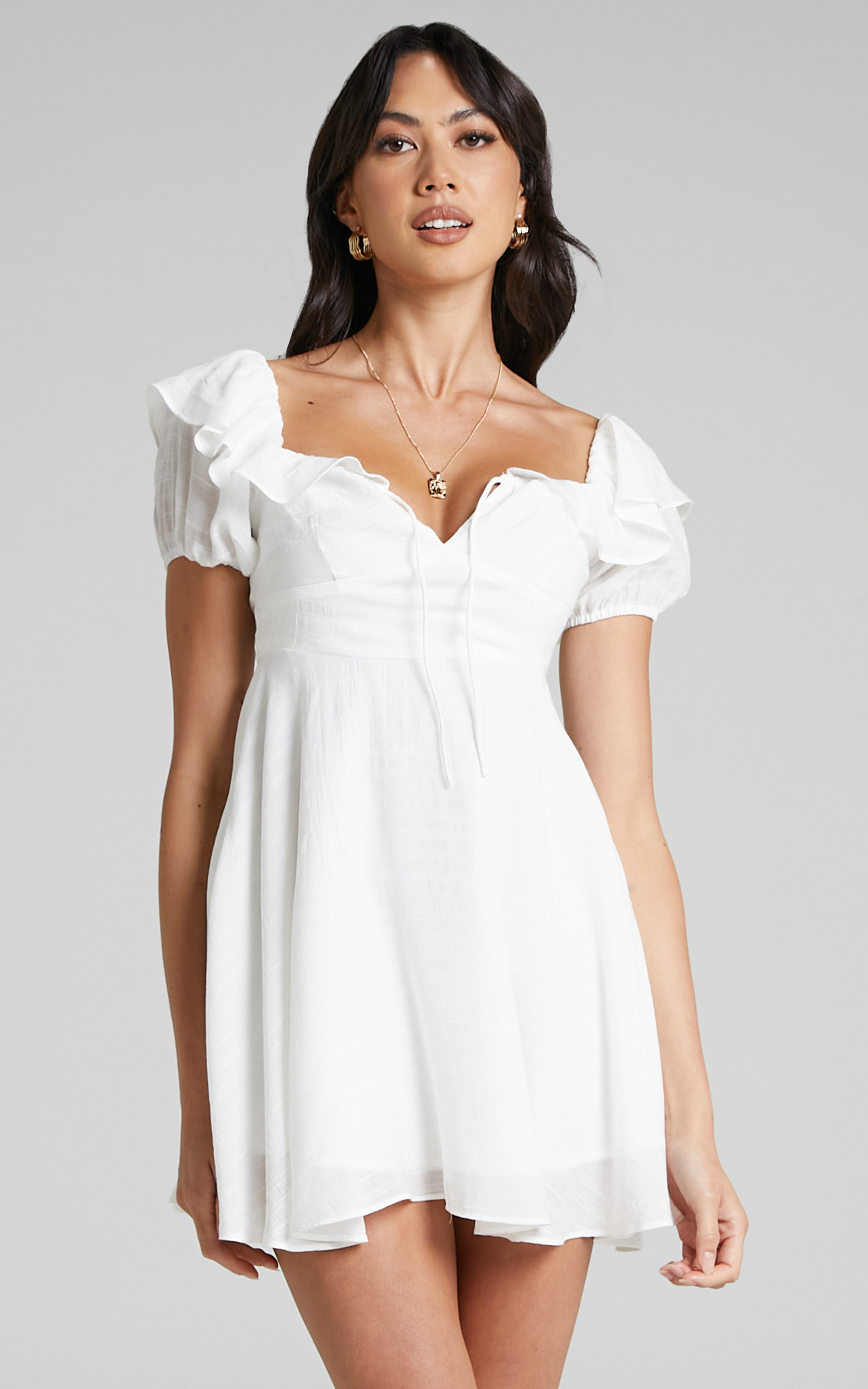 Canthe Frill Detail Puff Sleeve Off Shoulder Skater Dress in White - 04, WHT1, hi-res image number null