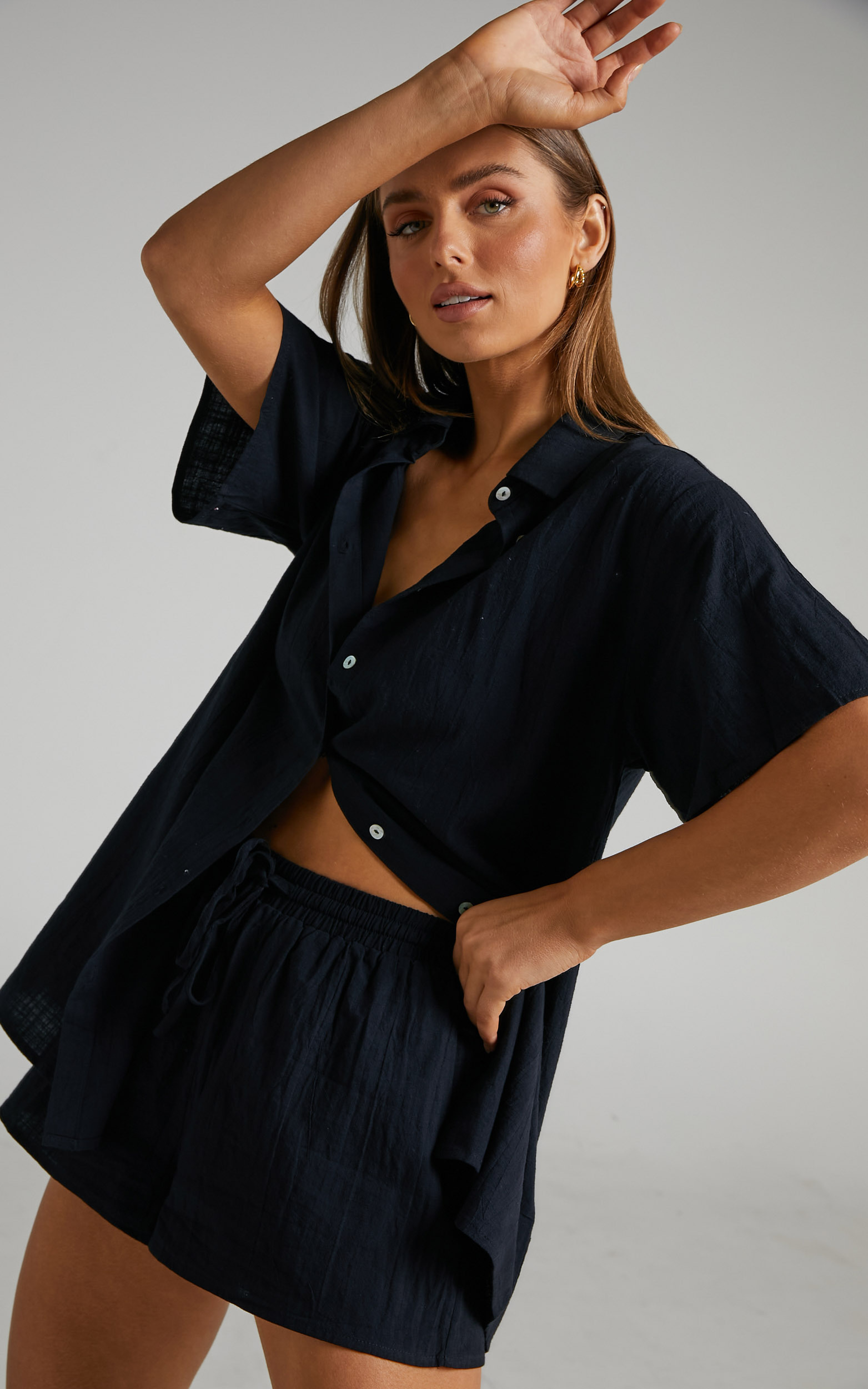 Vina del Mar Button Up Shirt and Shorts Two Piece Set in Black - 08, BLK1, hi-res image number null
