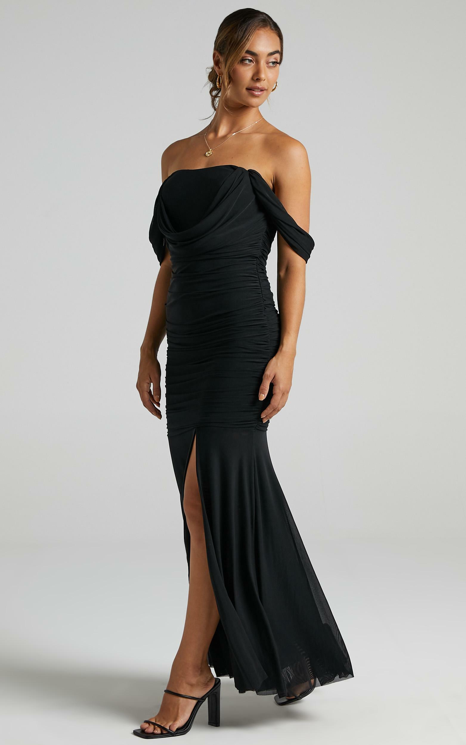 Melissa Ruched Maxi Dress in black mesh ...