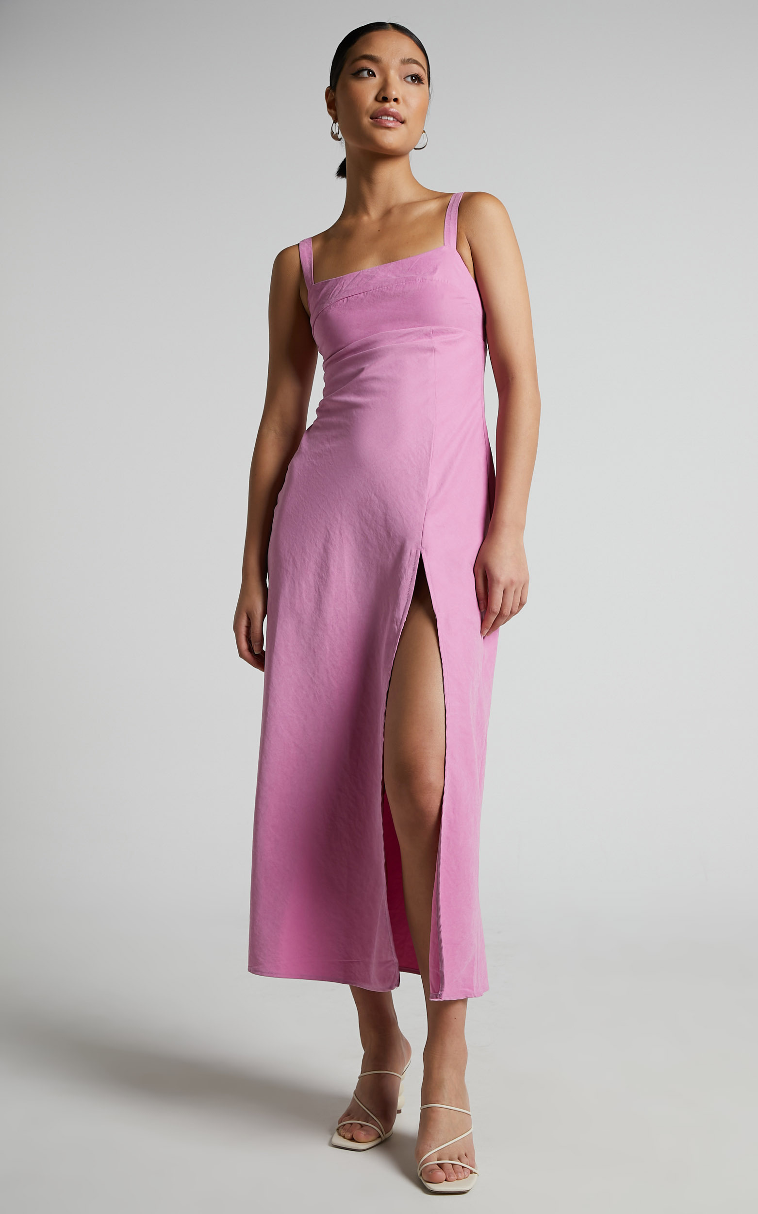 Niobe Midi Dress - Square Neck Thigh Split Slip Dress in Pink | Showpo USA