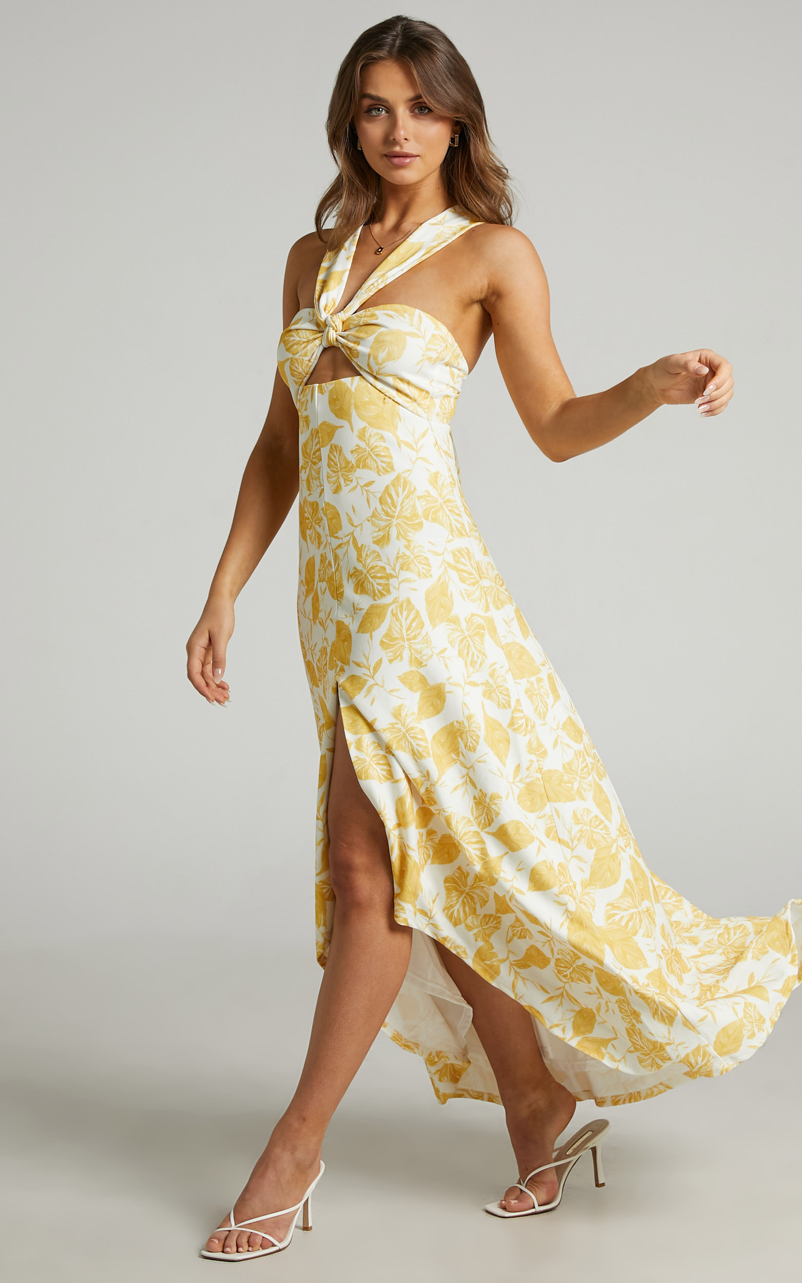 Erskine Knot Front High Low Maxi Dress in Yellow Leaf - 04, WHT1, hi-res image number null