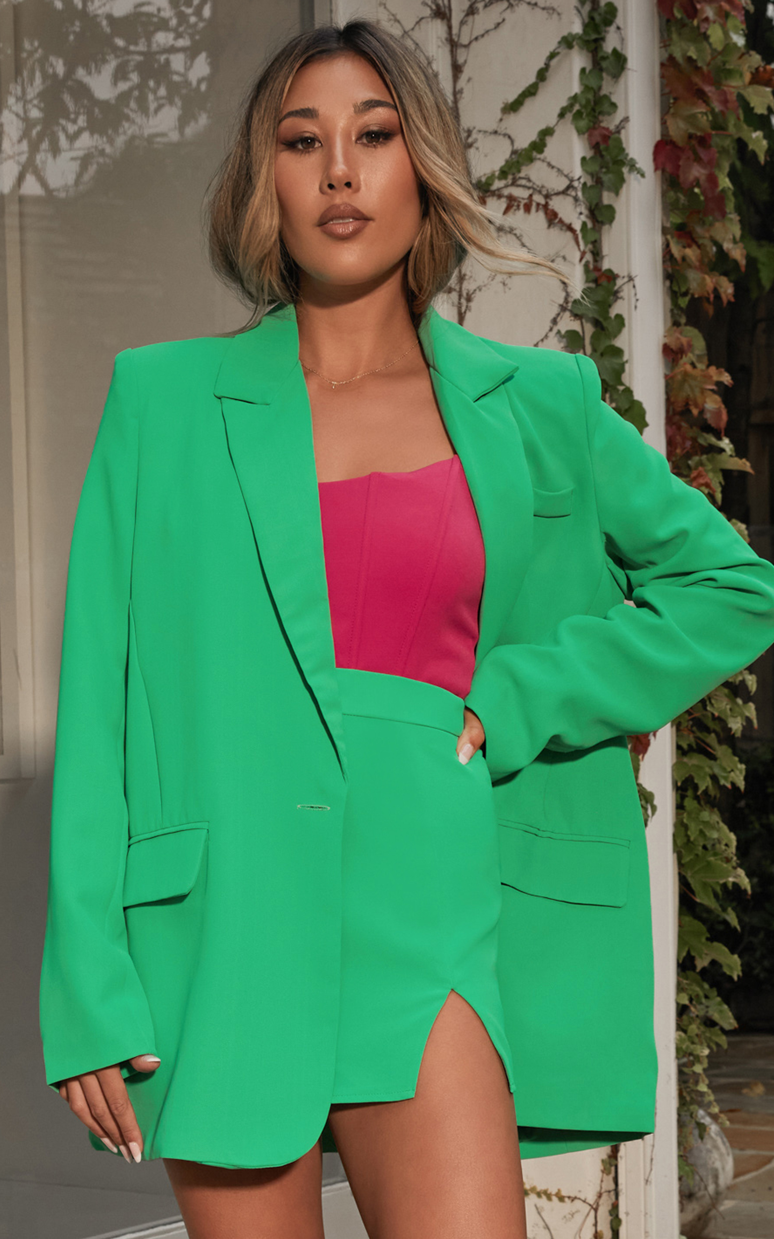 Michelle Oversized Plunge Neck Button Up Blazer in Green - 06, GRN2, hi-res image number null