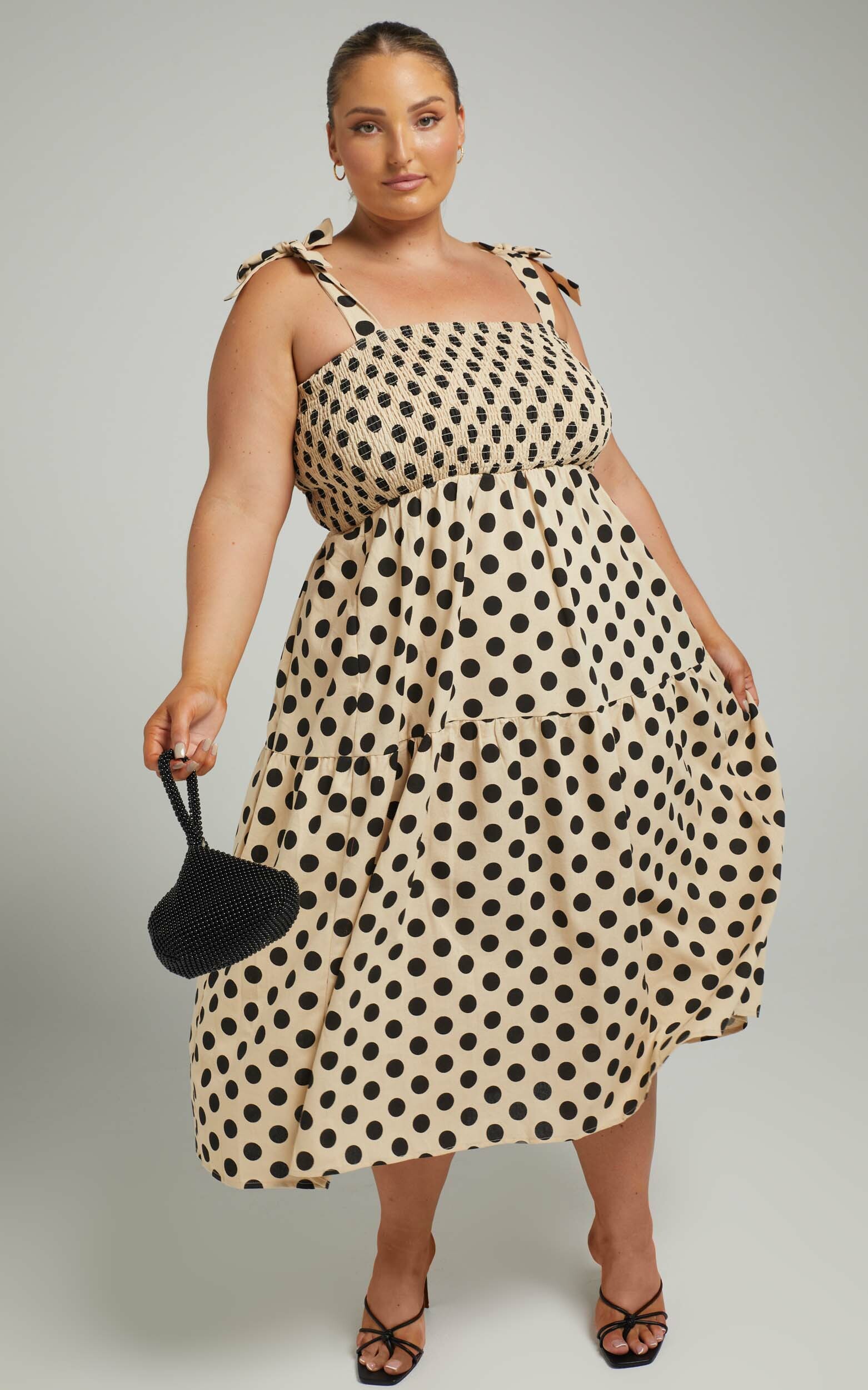Charine Shirred Bodice Tiered Midi Dress in Biscuit Spot - 04, BRN1, hi-res image number null