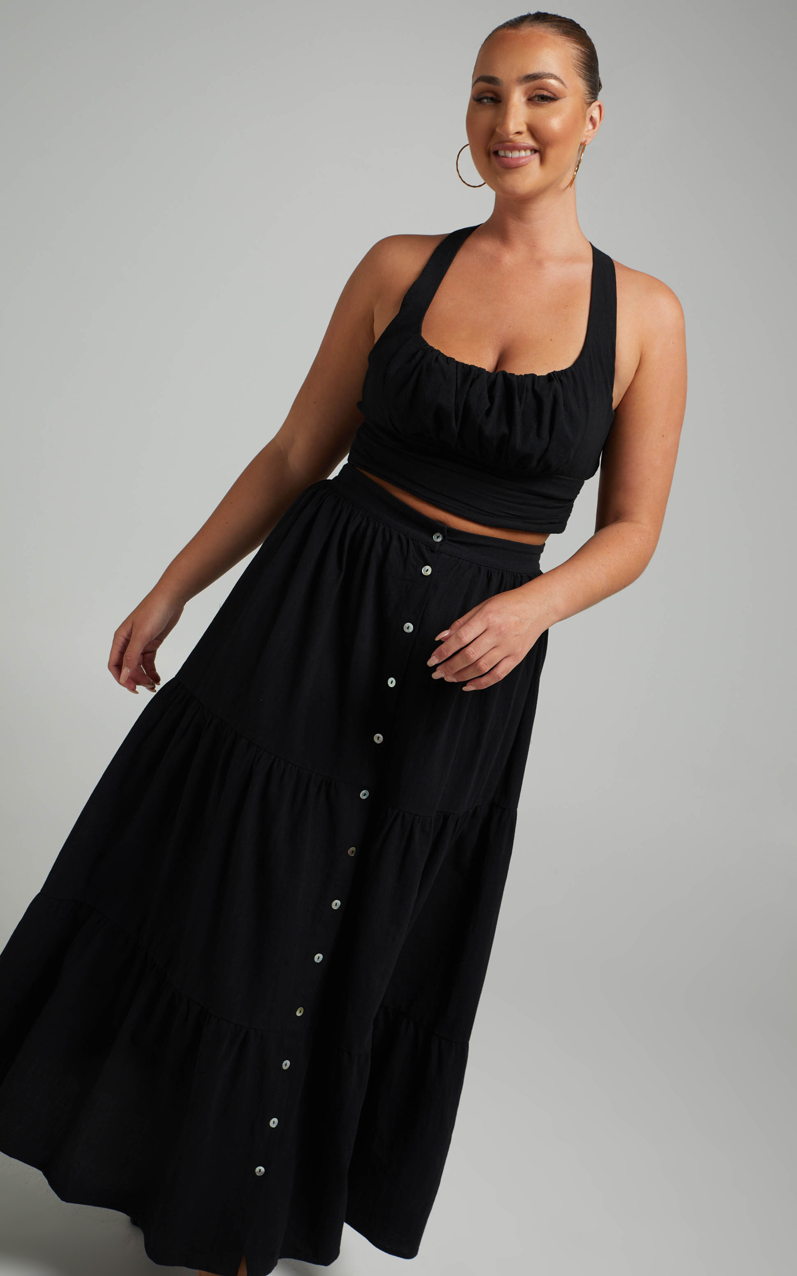 Arabella Tiered Button Front Maxi Skirt in Black - 04, BLK1, hi-res image number null