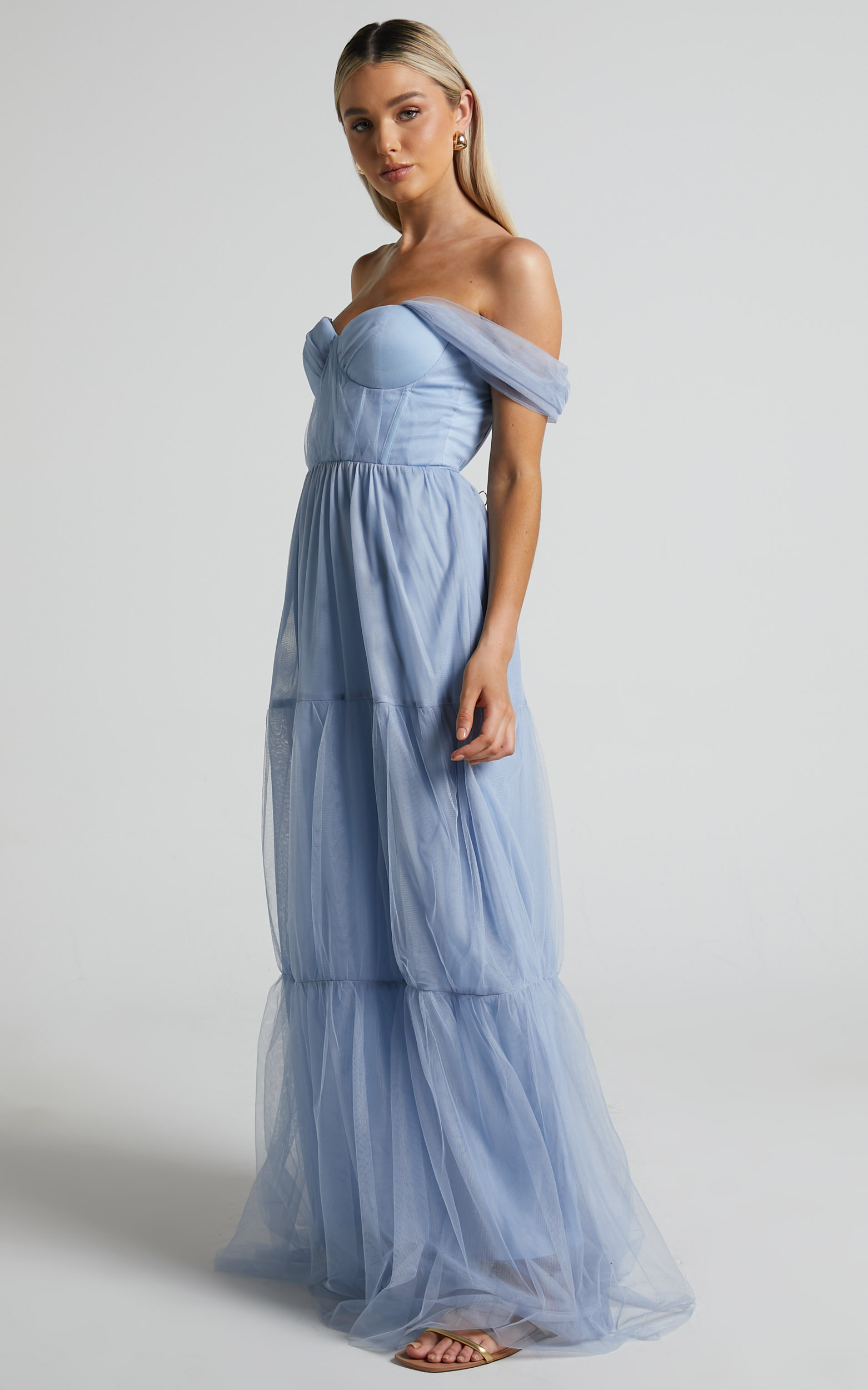Ontario Maxi Dress - Off Shoulder Corset Bodice Tulle Dress in Light ...