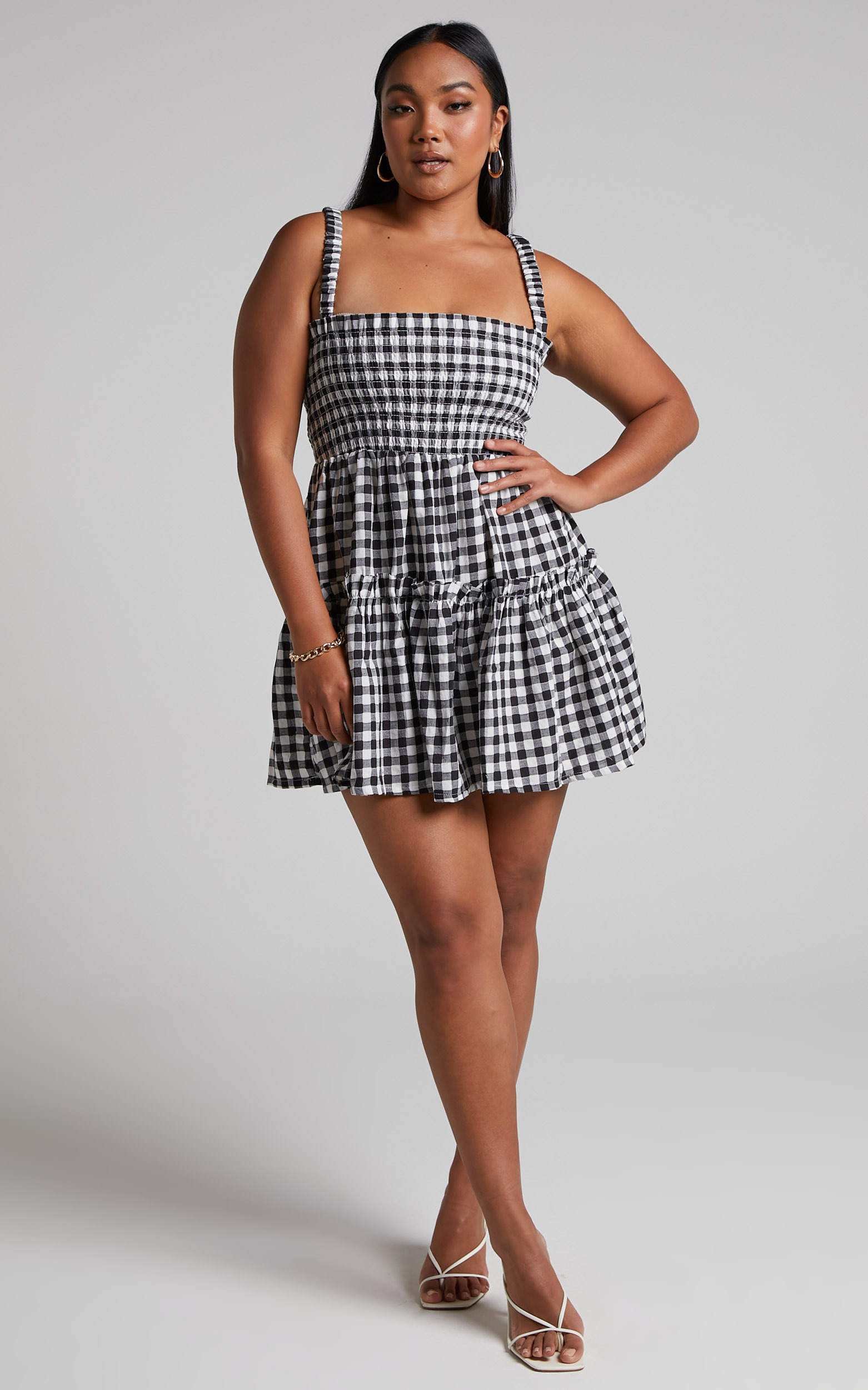 Wilda Mini Dress - Shirred Tiered Dress in Black and White Check - 04, BLK1, hi-res image number null