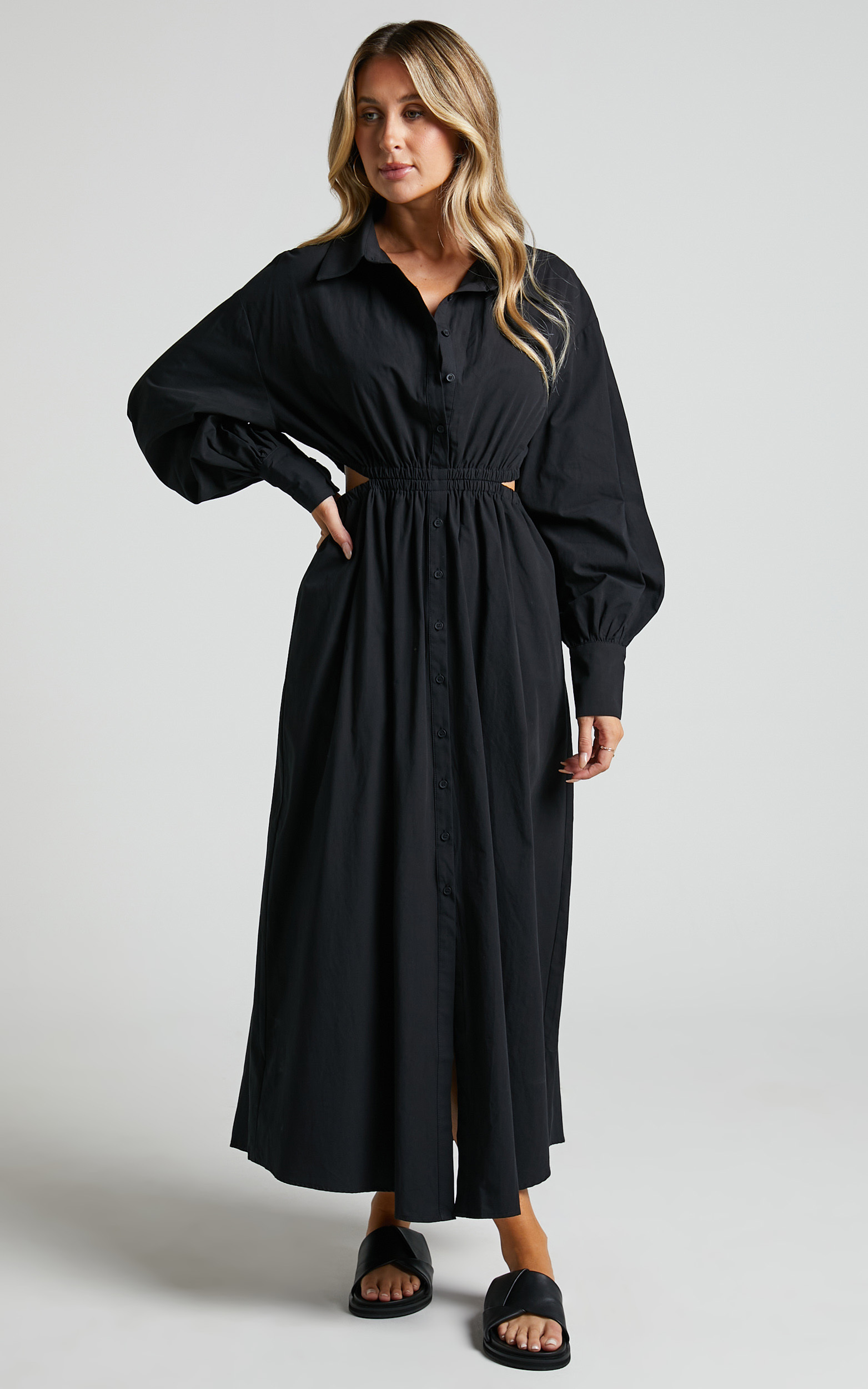 Merabelle Midi Dress - Side Cut Out Collared Long Sleeve Shirt Dress in Black - 10, BLK1, hi-res image number null
