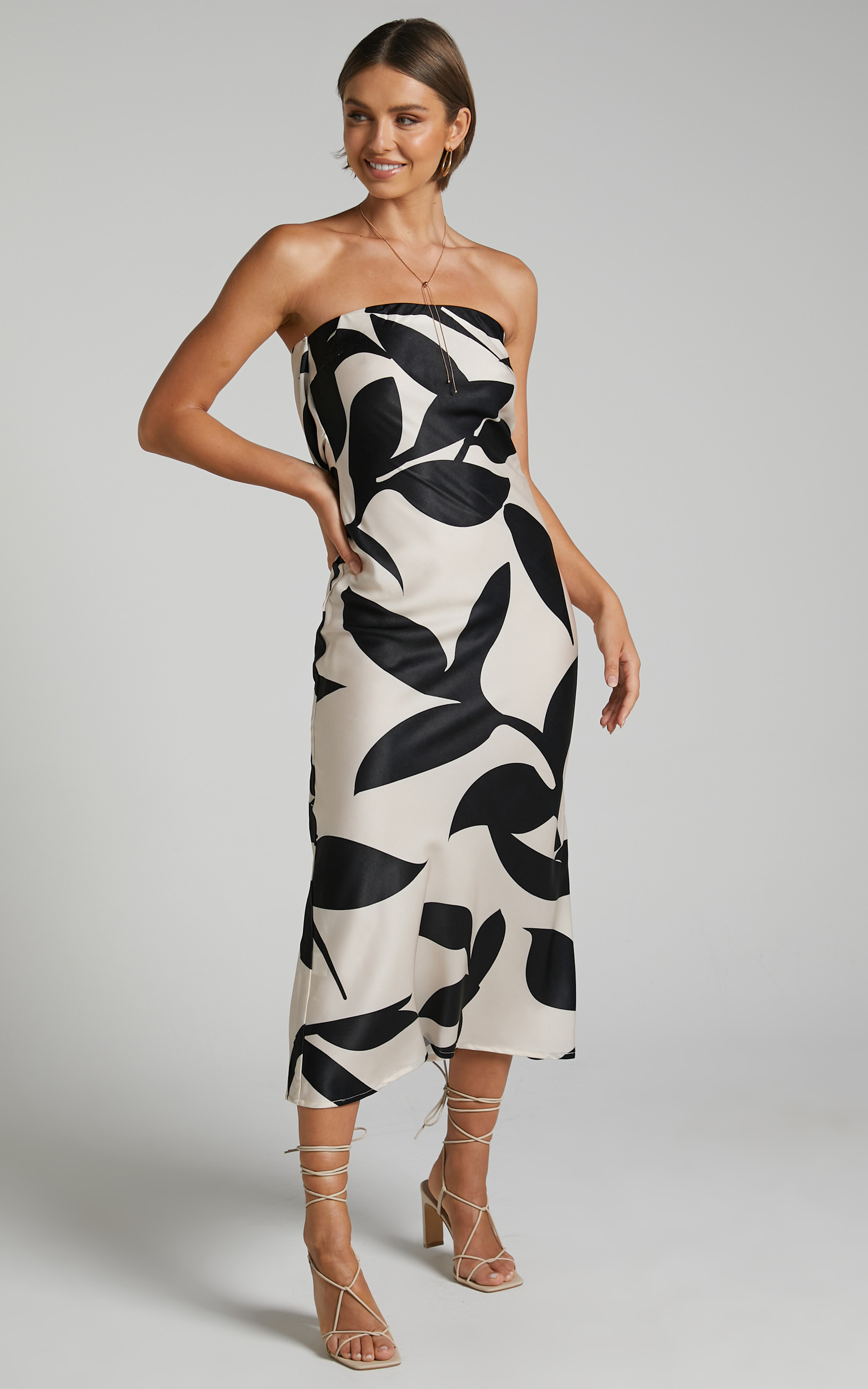 Madelyn Midi Dress - Strapless Palm Print Satin Dress in Cream and Black Shadow Print - 06, NEU1, hi-res image number null