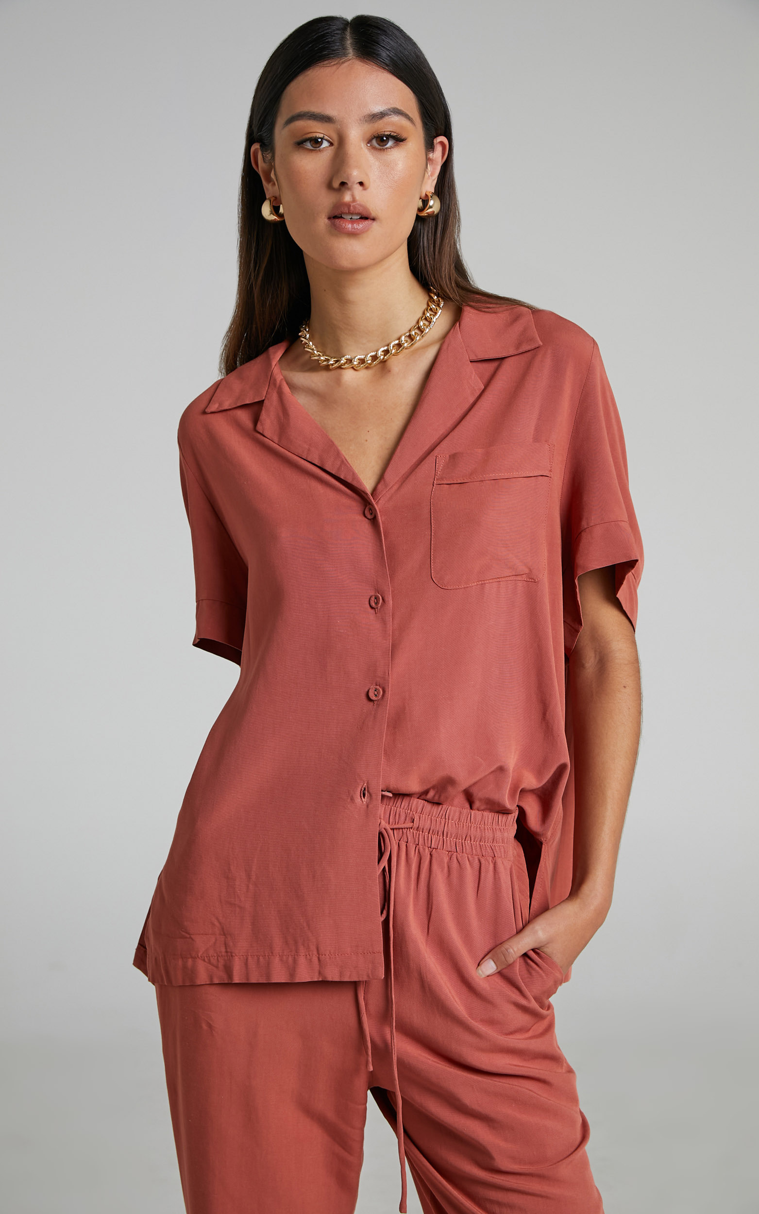Devina Short Sleeve Shirt in Clay - 06, BRN1, hi-res image number null