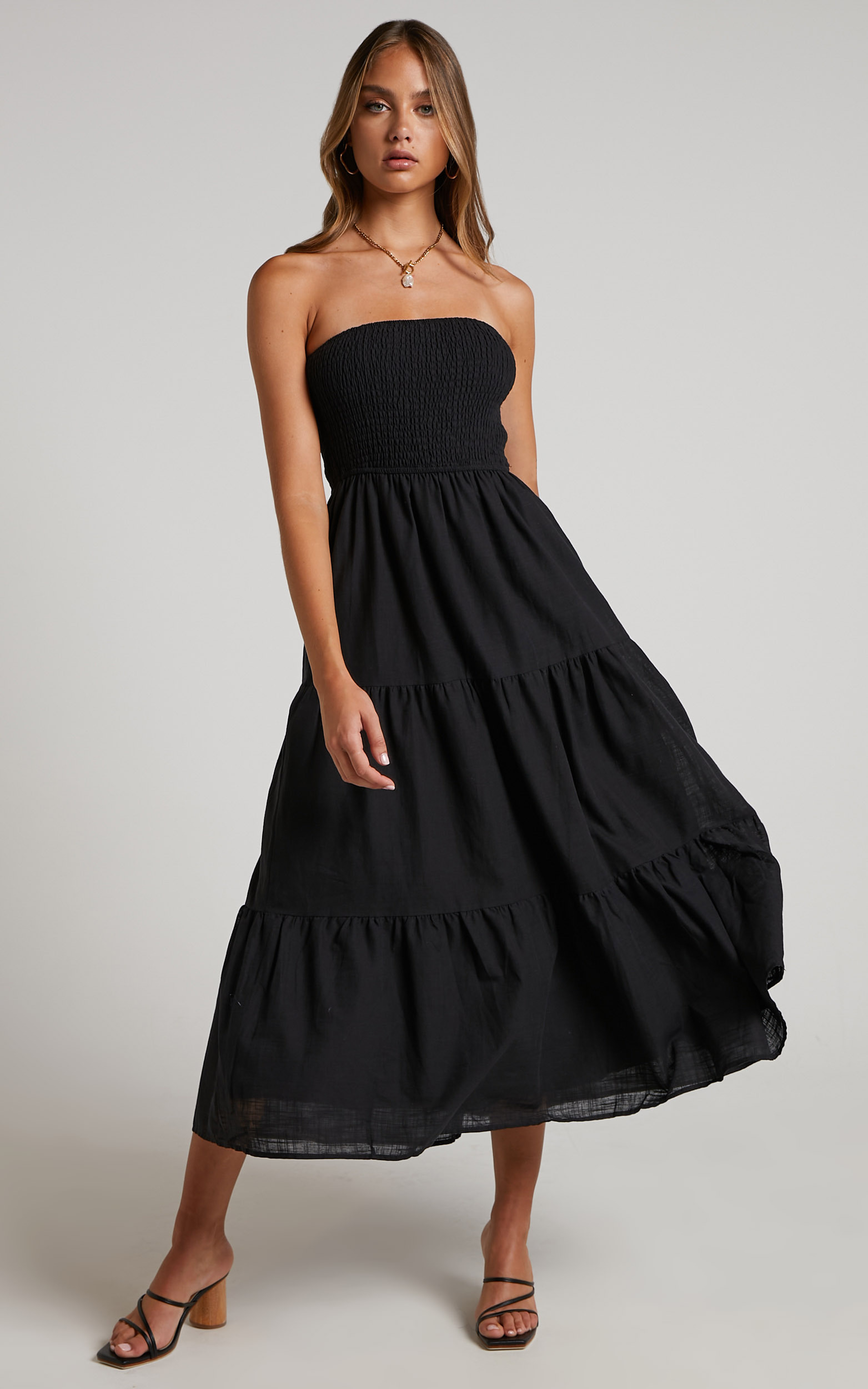 Zoe Midi Dress - Strapless Shirred Bodice Tiered Dress in Black - 06, BLK1, hi-res image number null