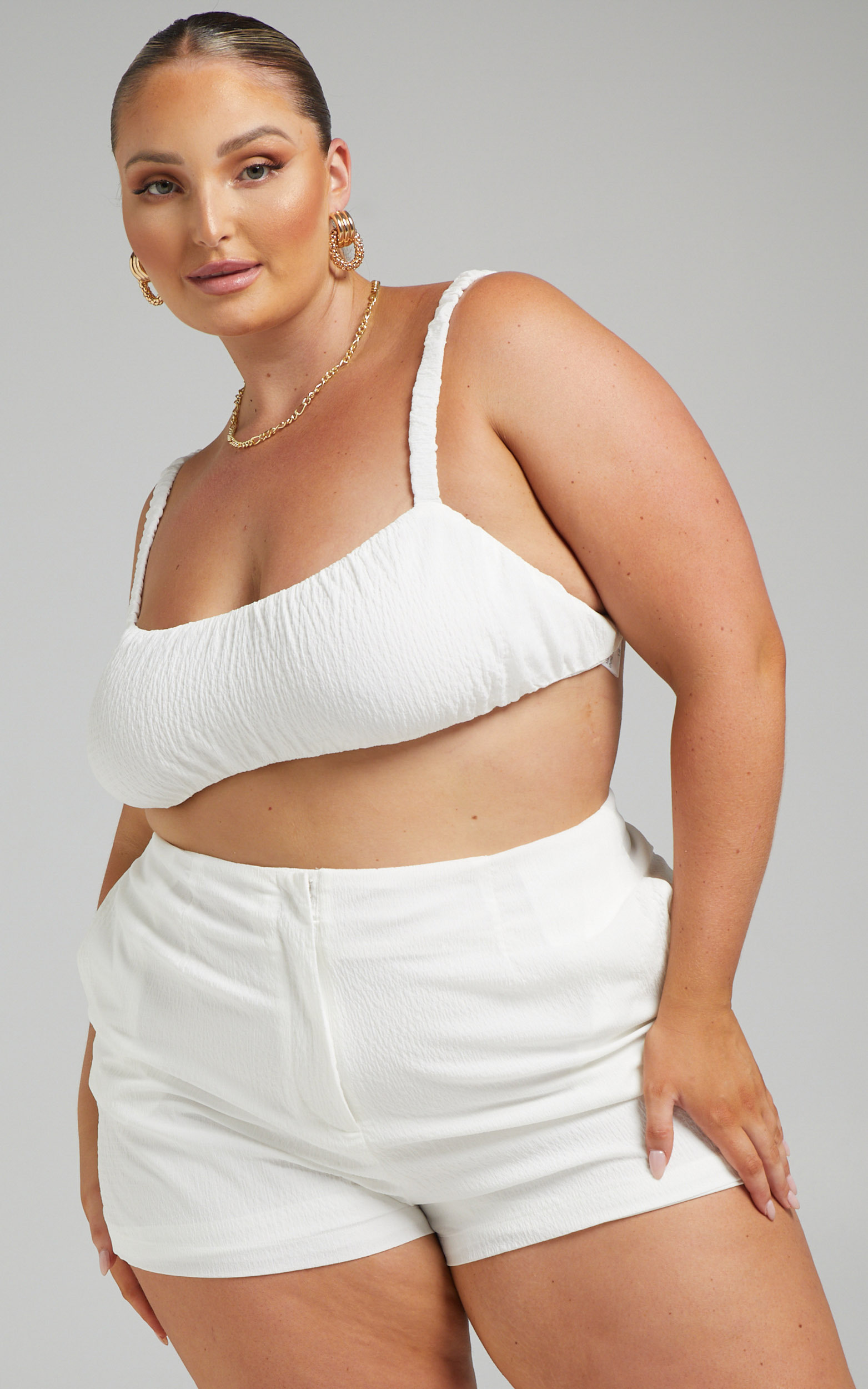 Jacynthia Ruched Crop Top and Tailored Short Set in White - 06, WHT2, hi-res image number null