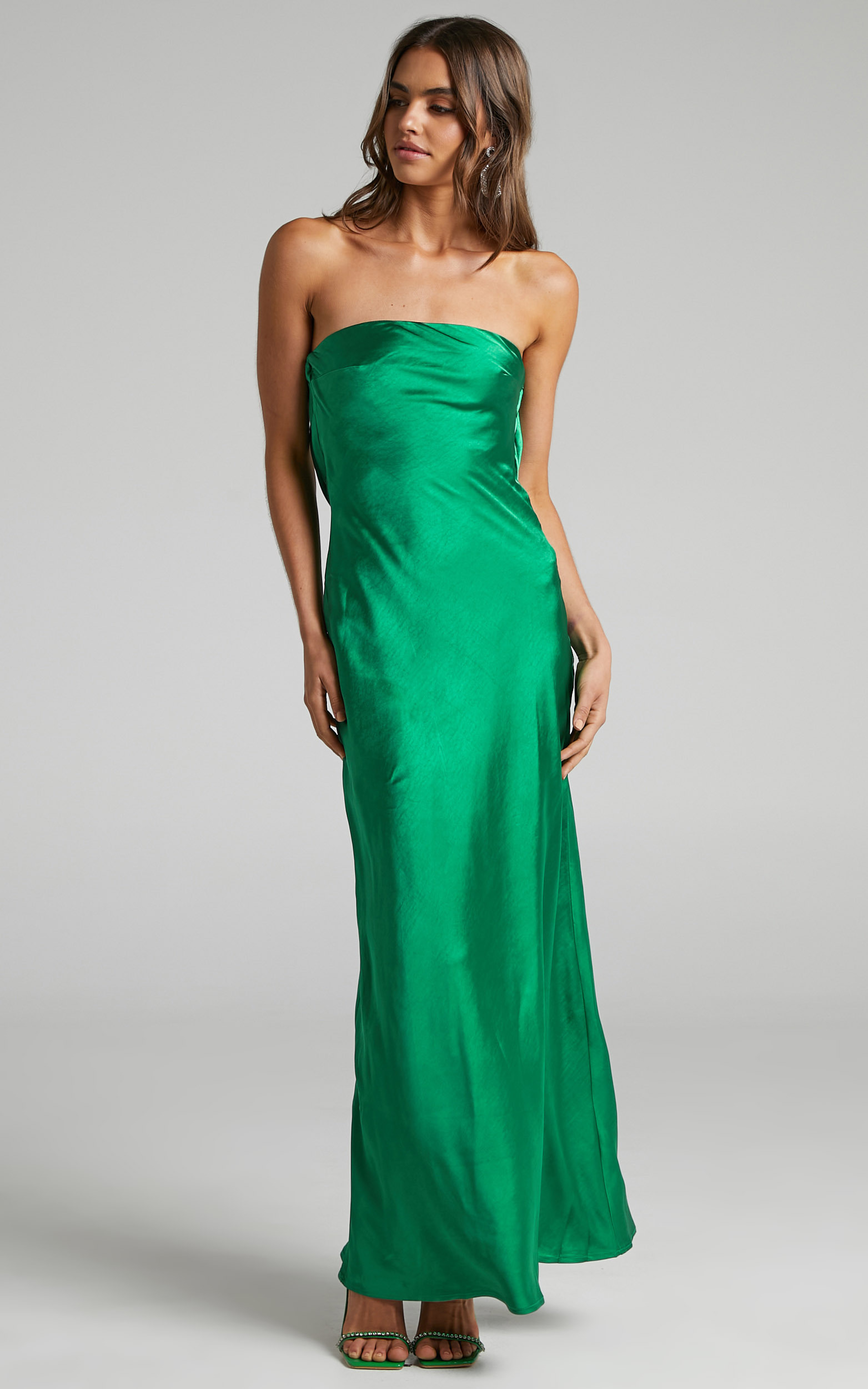 Charlita Strapless Cowl Back Satin Maxi Dress in Green - 06, GRN2, hi-res image number null