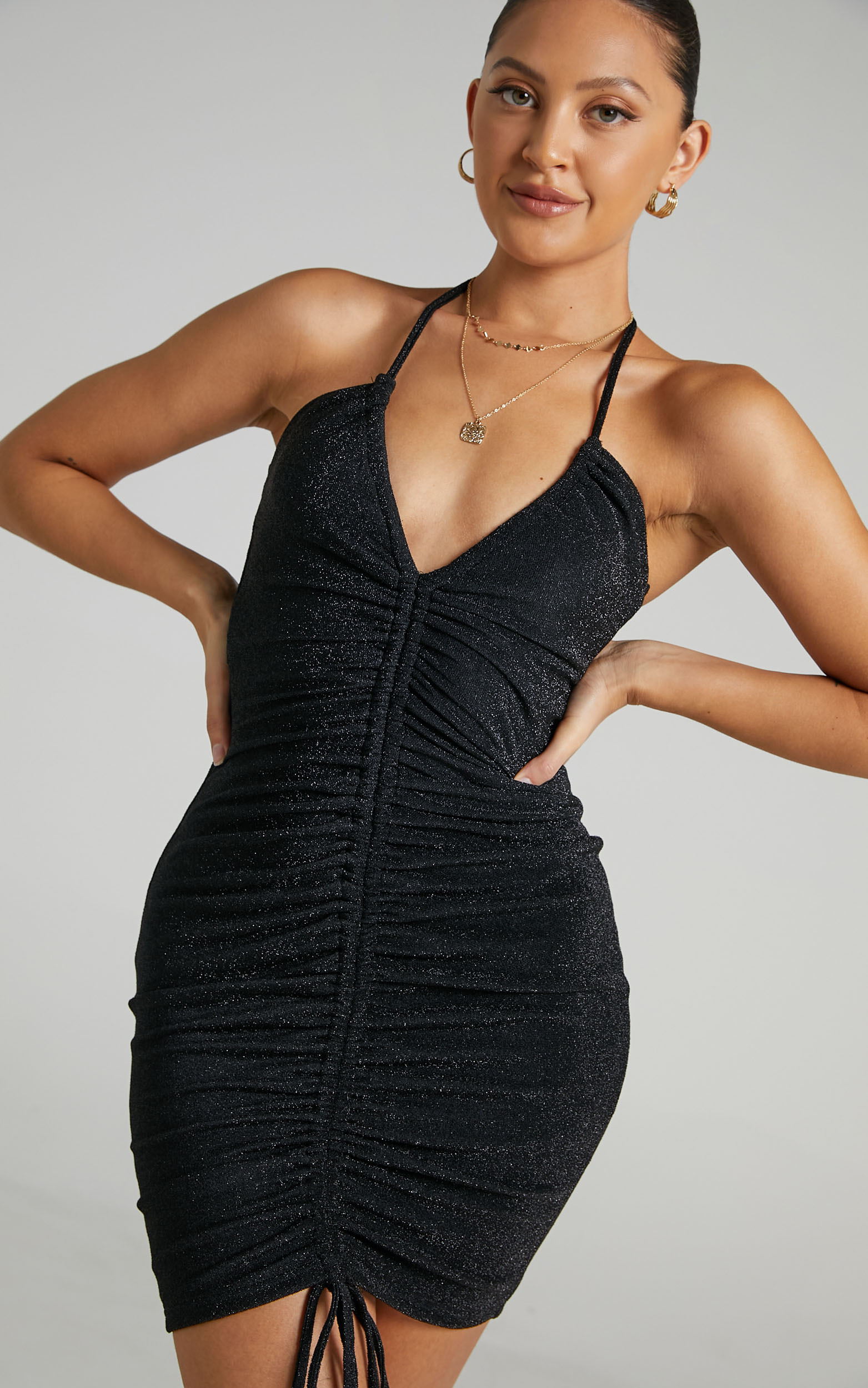 Carissa Ruched Mini Dress in Black Lurex - 06, BLK1, hi-res image number null