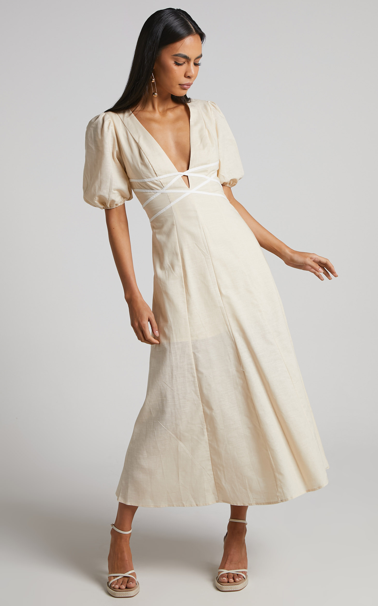 Elsa Midi Dress - Linen Look Puff Sleeve Plunge Dress in Beige - 06, BRN1, hi-res image number null