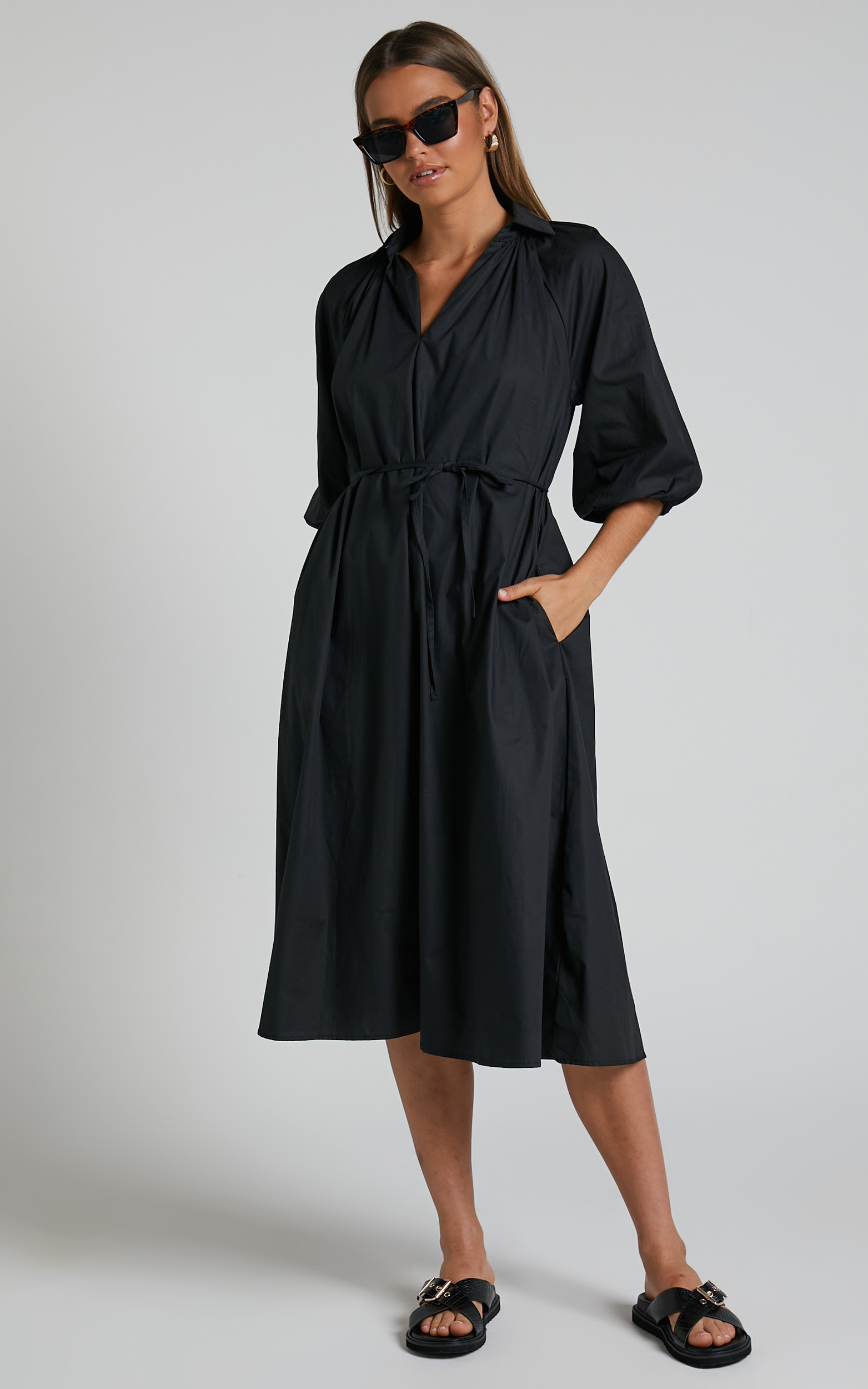 Simone Long Sleeve Wrap Midid Dress in Black - 06, BLK1, hi-res image number null