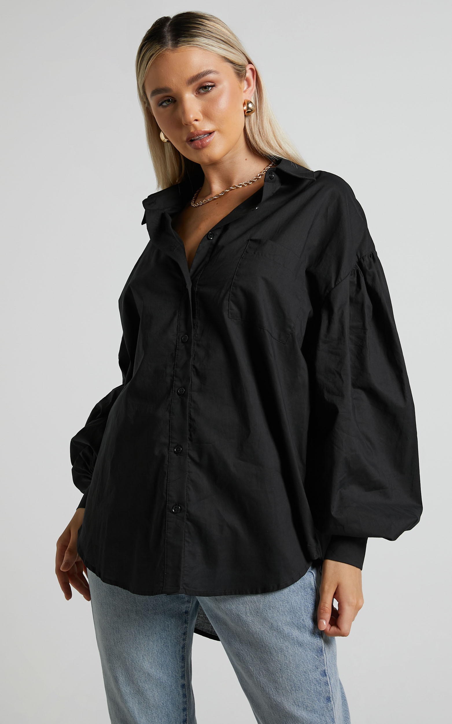 Delly Relaxed Balloon Sleeve Button Up Blouse in Black | Showpo USA