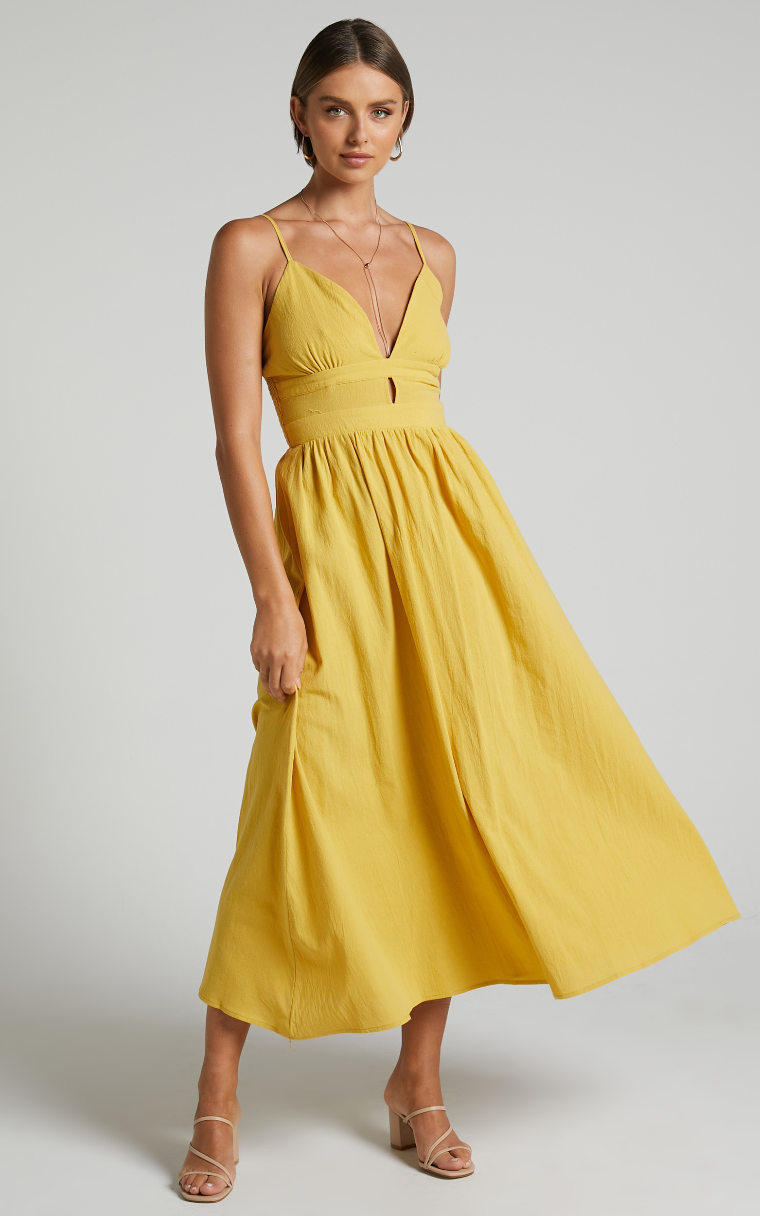Roskana Midi Dress - Plunge Fit and Flare Dress in Mustard - 06, YEL1, hi-res image number null