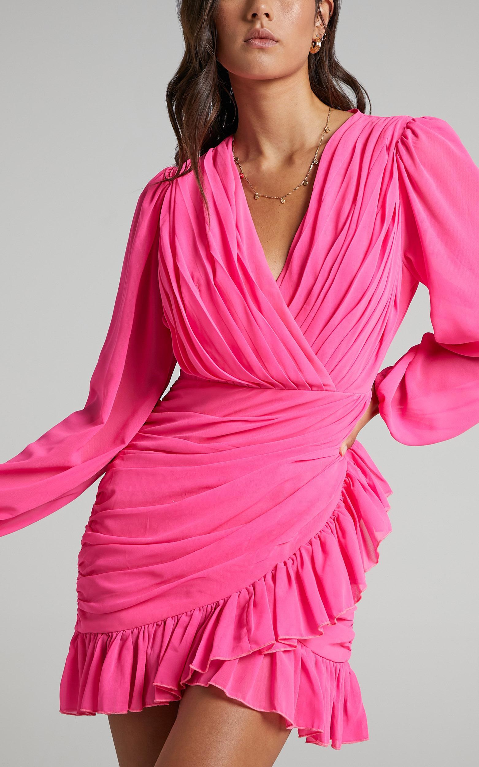 Can I Be Your Honey Plunge Balloon Sleeve Mini Dress in Hot Pink - 10, PNK3, hi-res image number null