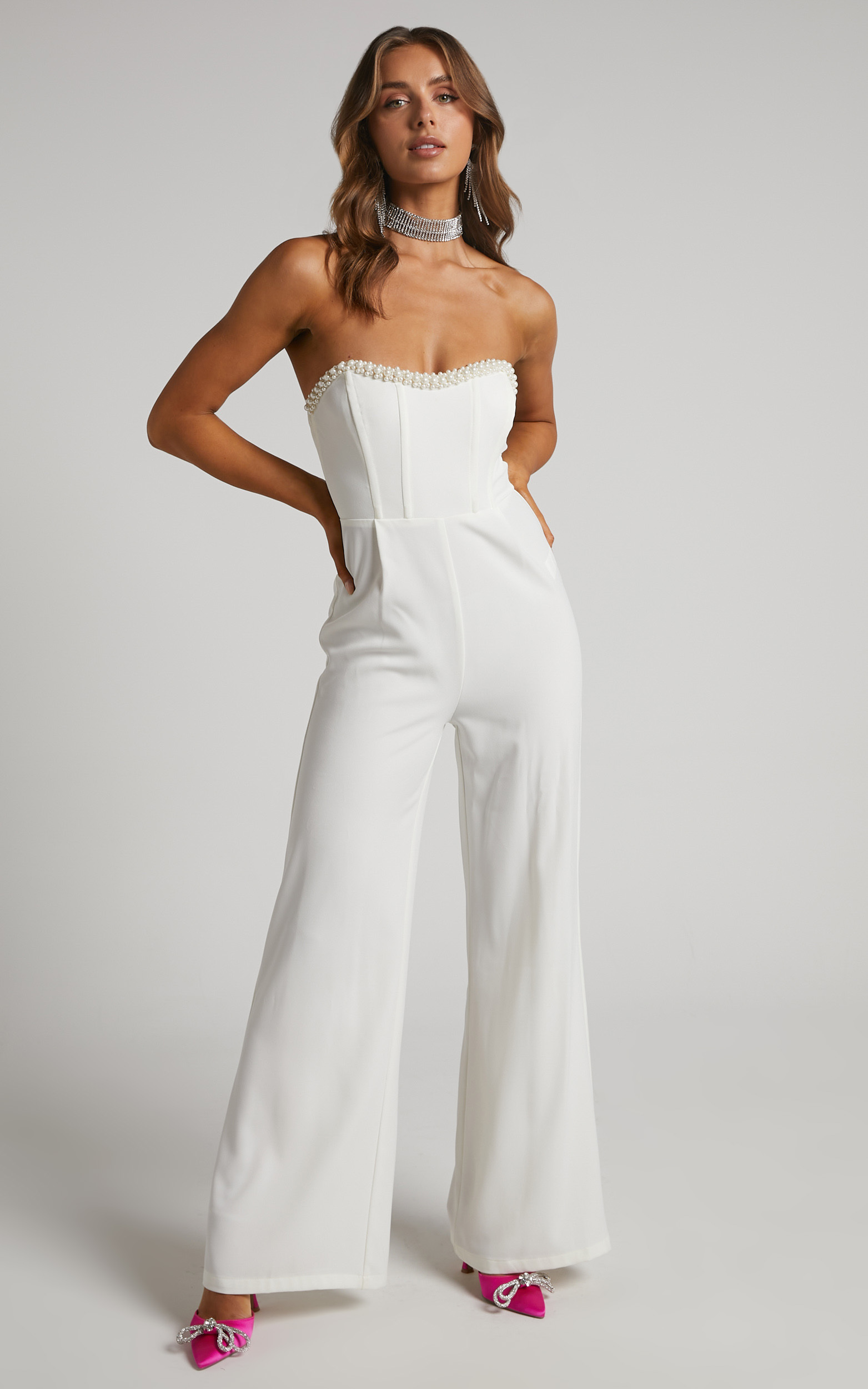 Jemmae Jumpsuit - Pearl Trim Strapless Wide Leg Jumpsuit in White - 04, WHT1, hi-res image number null