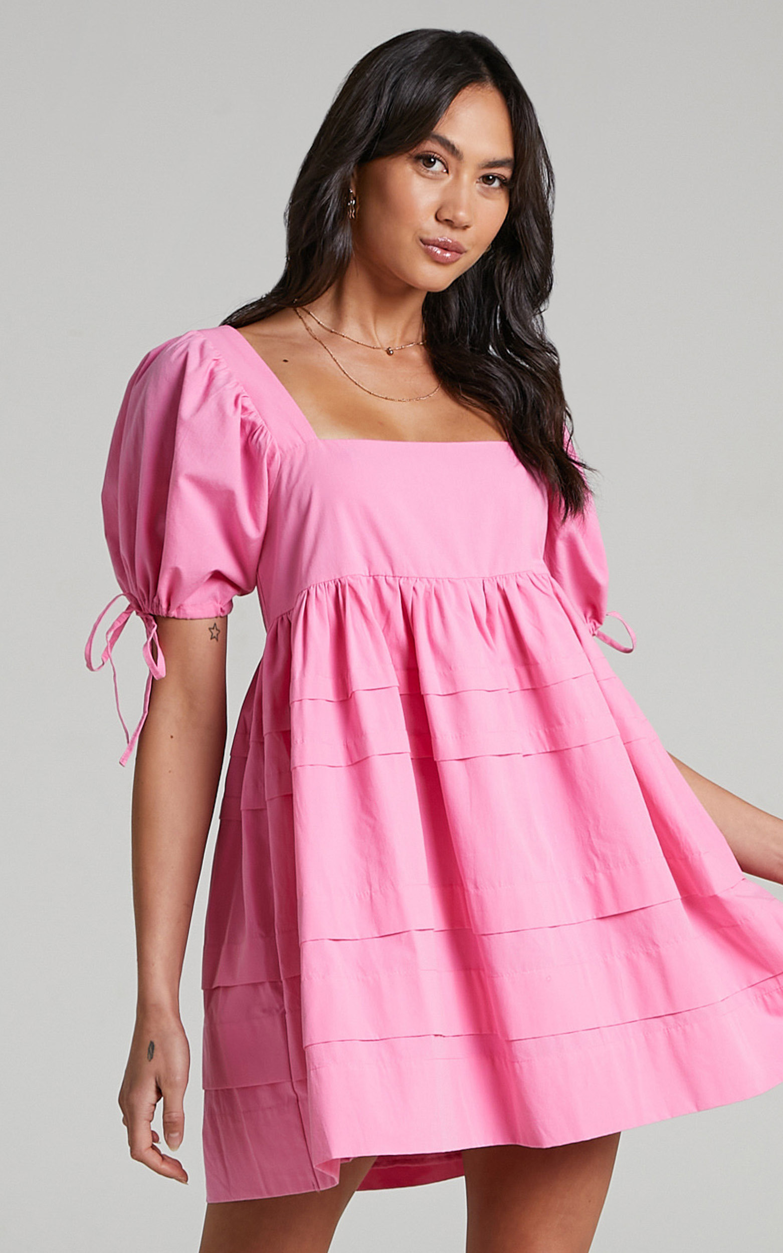 Eleua Pin Tuck Short Puff Sleeve Mini Dress in Pink - 04, PNK2, hi-res image number null
