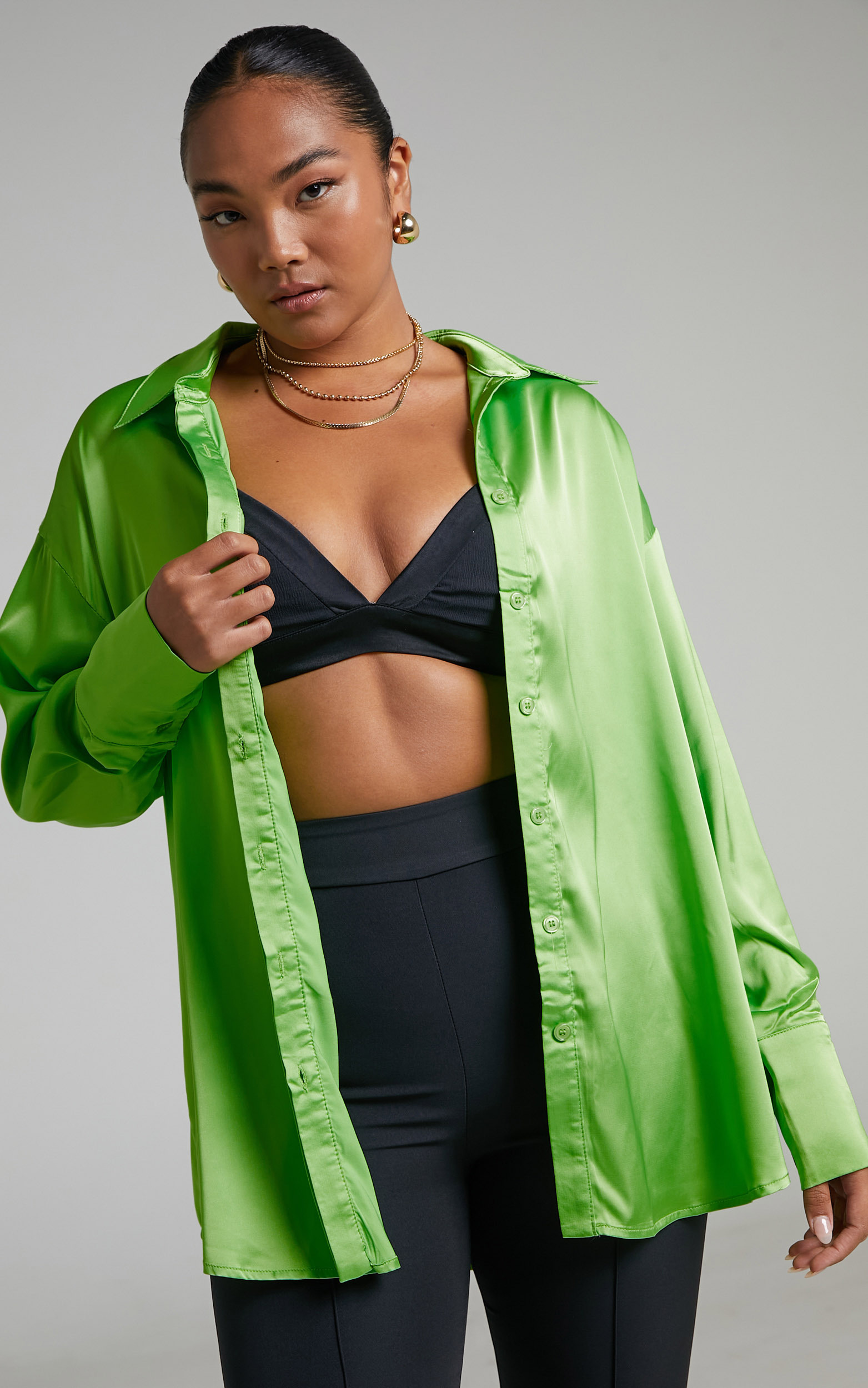Matheresa Oversized Button Up Satin Shirt in Lime - 06, GRN1, hi-res image number null