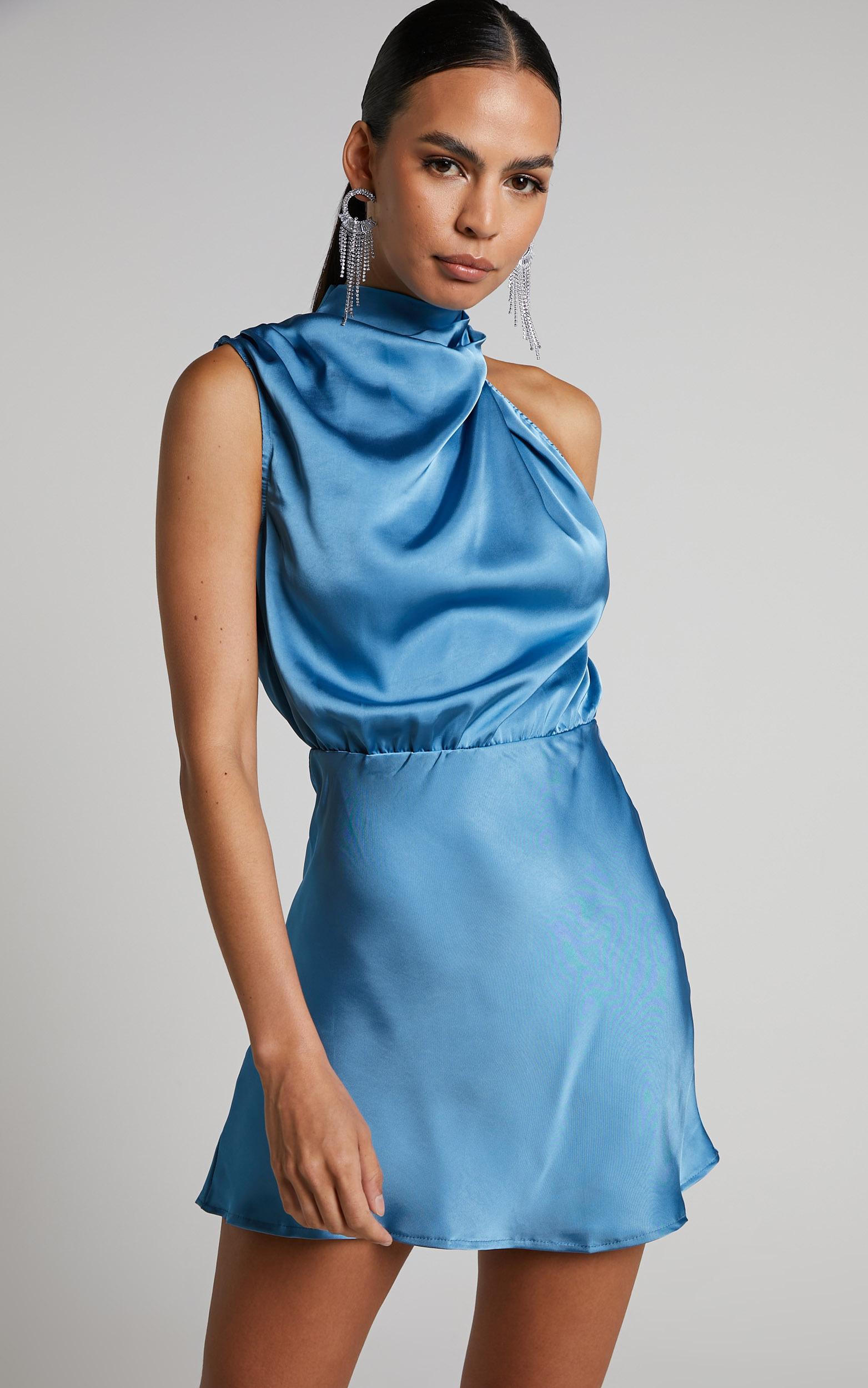 Posie Mini Dress - High Neck Drape Detail Dress in Steel Blue | Showpo USA
