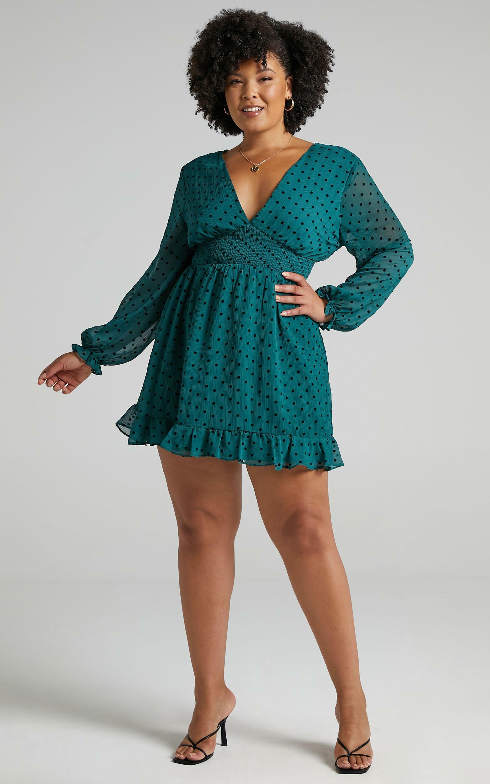 Pretty As You Long Sleeve Mini Dress in Emerald Spot - 04, GRN2, hi-res image number null